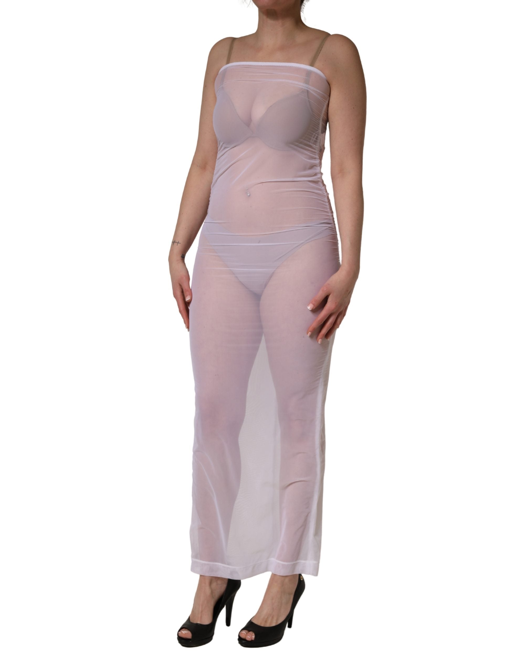 Dolce & Gabbana Weißes, durchscheinendes Maxikleid aus Stretch-Nylon
