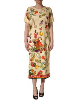 Dolce & Gabbana Beige Frucht-Tupfen-Etui-Seiden-Midi-Kleid