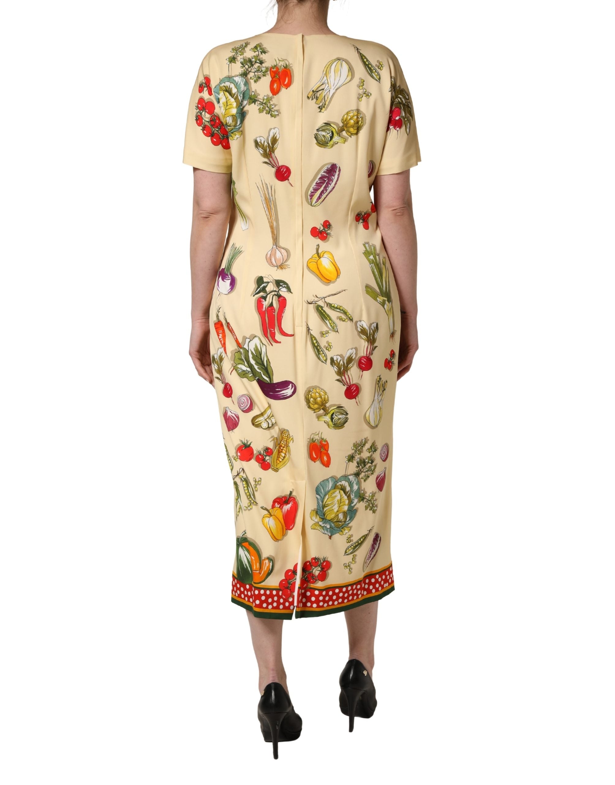 Dolce & Gabbana Beige Frucht-Tupfen-Etui-Seiden-Midi-Kleid