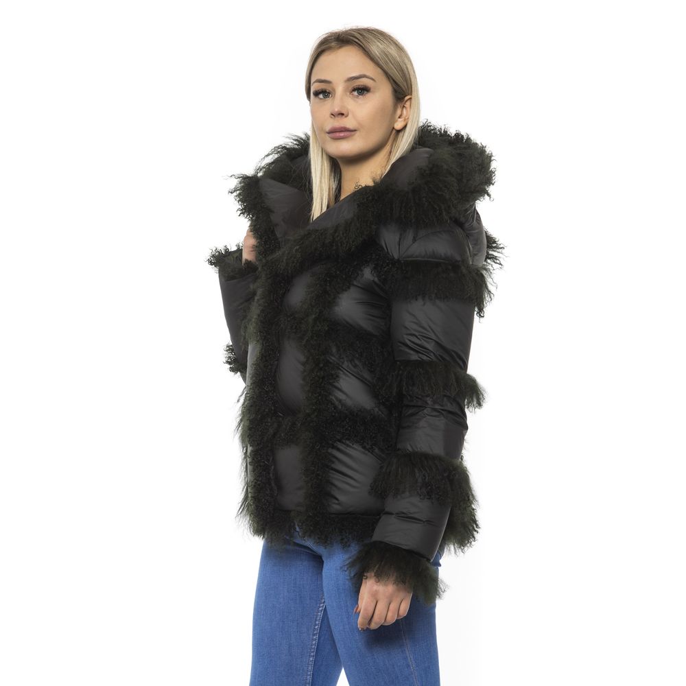 Mr&Mrs Italy Schwarze Poly-Jacke mit Lammfellkapuze für Damen