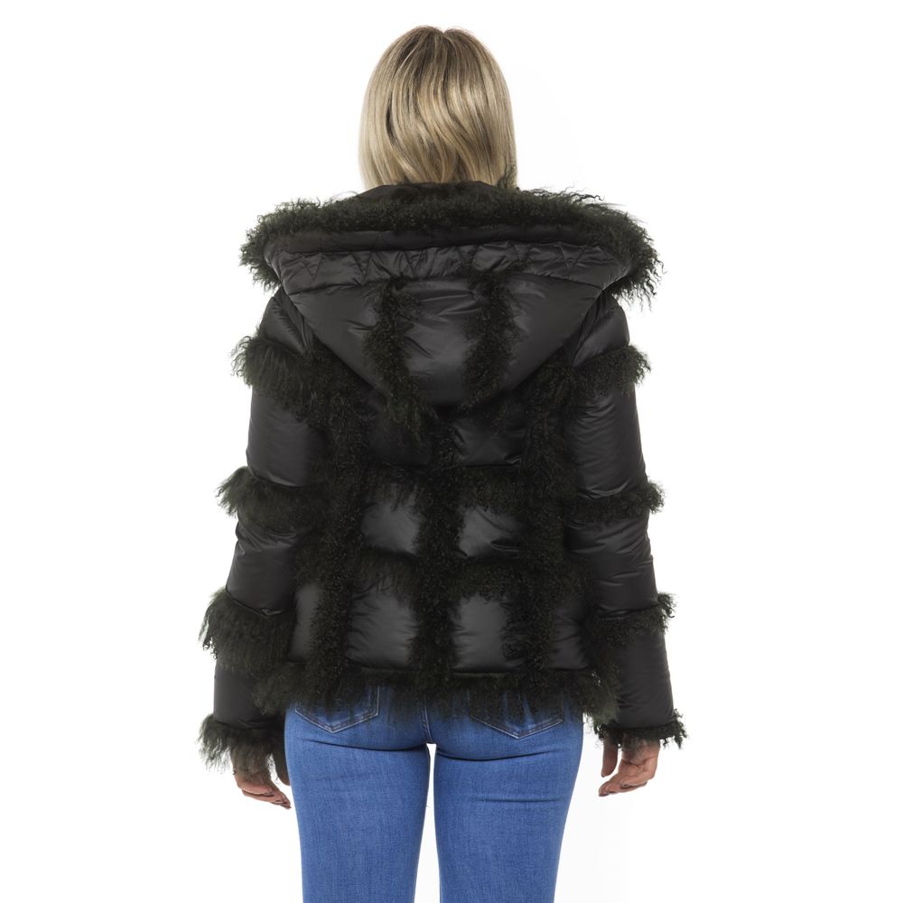 Mr&Mrs Italy Schwarze Poly-Jacke mit Lammfellkapuze für Damen
