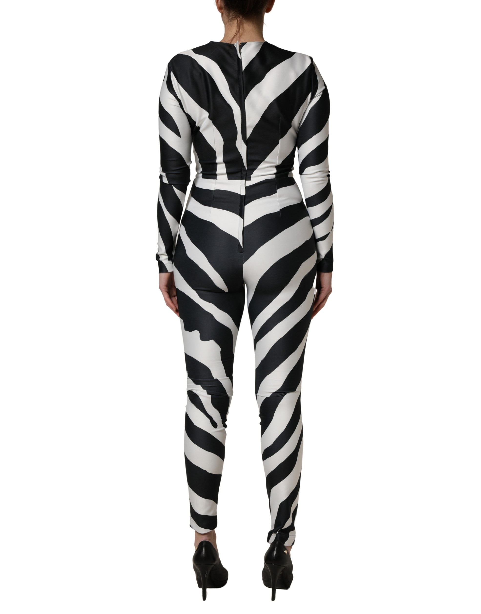 Dolce & Gabbana Schwarz-weißer Polyester-Jumpsuit mit Zebramuster