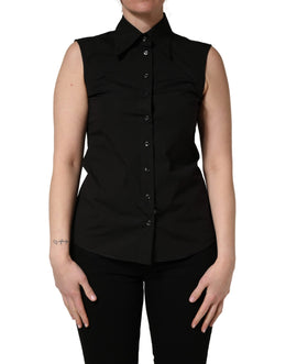 Dolce & Gabbana Schwarze ärmellose Bluse aus Baumwolle mit Kragen