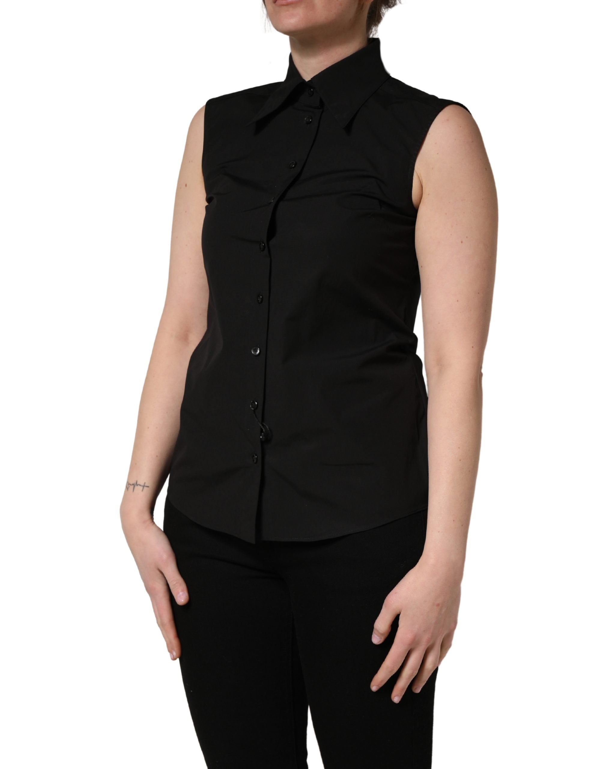 Dolce & Gabbana Schwarze ärmellose Bluse aus Baumwolle mit Kragen