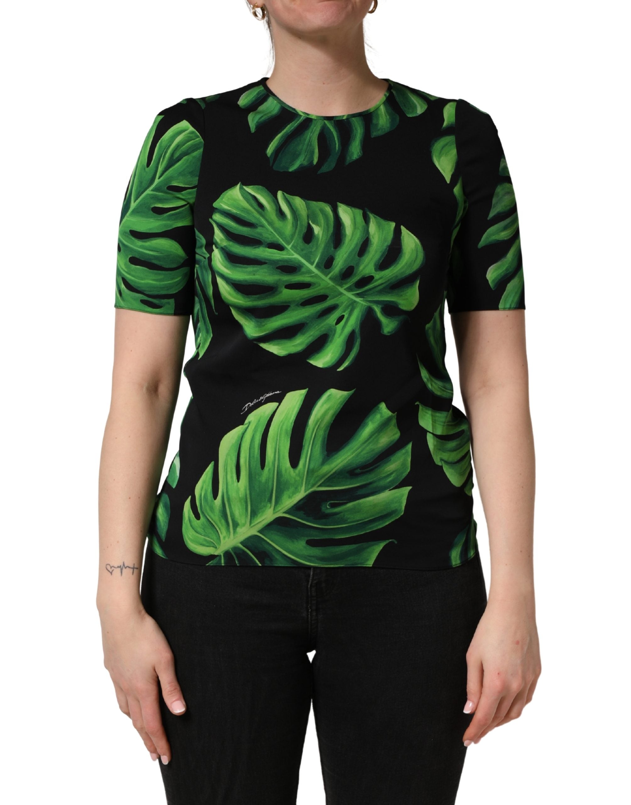 Dolce & Gabbana Schwarze Philodendron-Print Seidenbluse