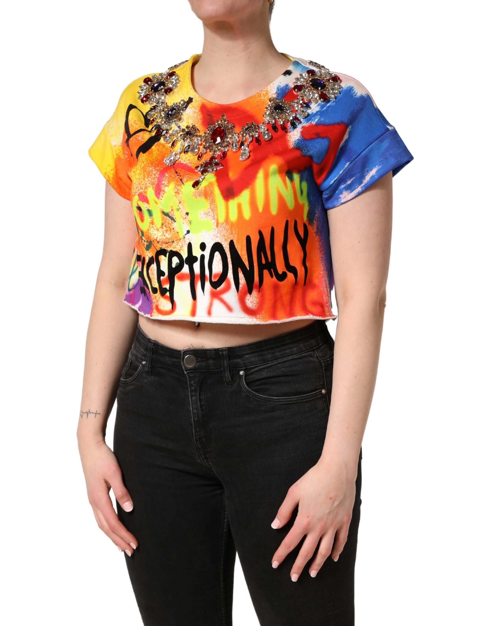 Dolce & Gabbana Mehrfarbiges Crop-Jersey-Top mit Graffiti-Kristallen
