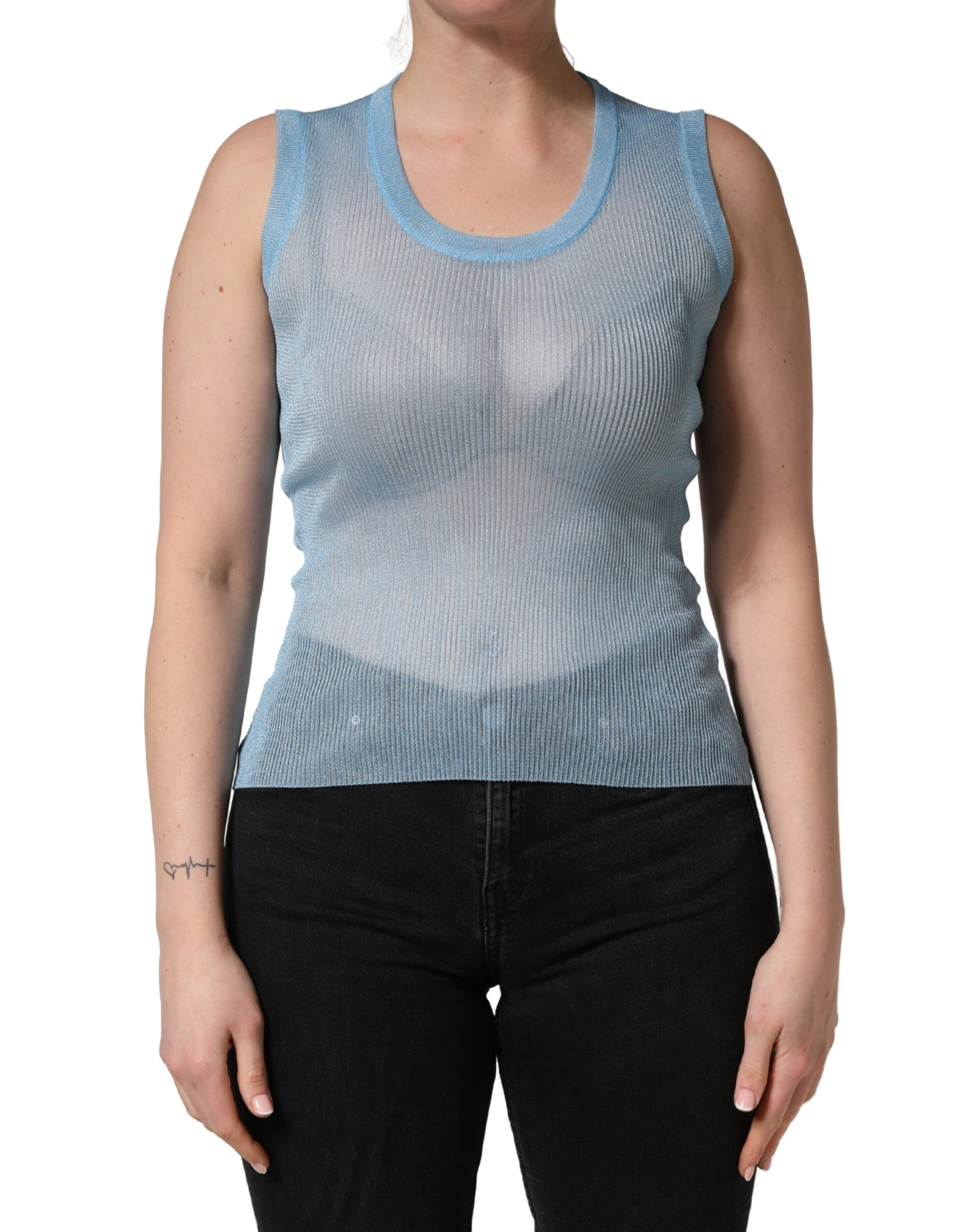 Dolce & Gabbana Blaues, halbtransparentes Rippstrick-Tanktop ohne Ärmel