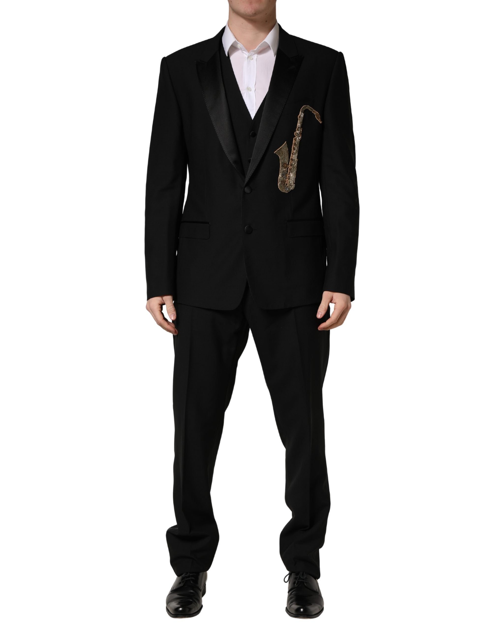 Dolce & Gabbana Schwarzer Wollseide Saxophon Slim Fit 3-teiliger Anzug