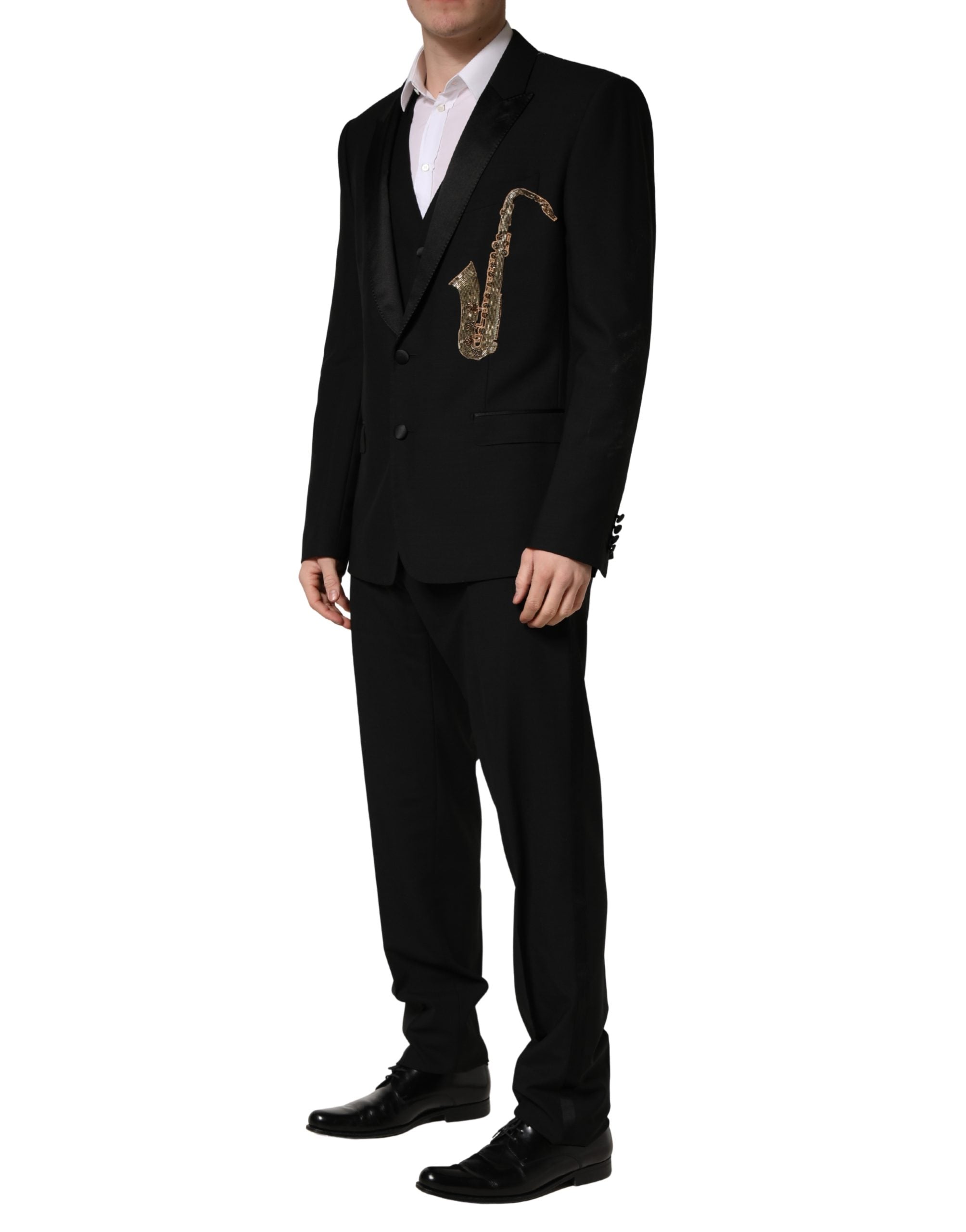 Dolce & Gabbana Schwarzer Wollseide Saxophon Slim Fit 3-teiliger Anzug