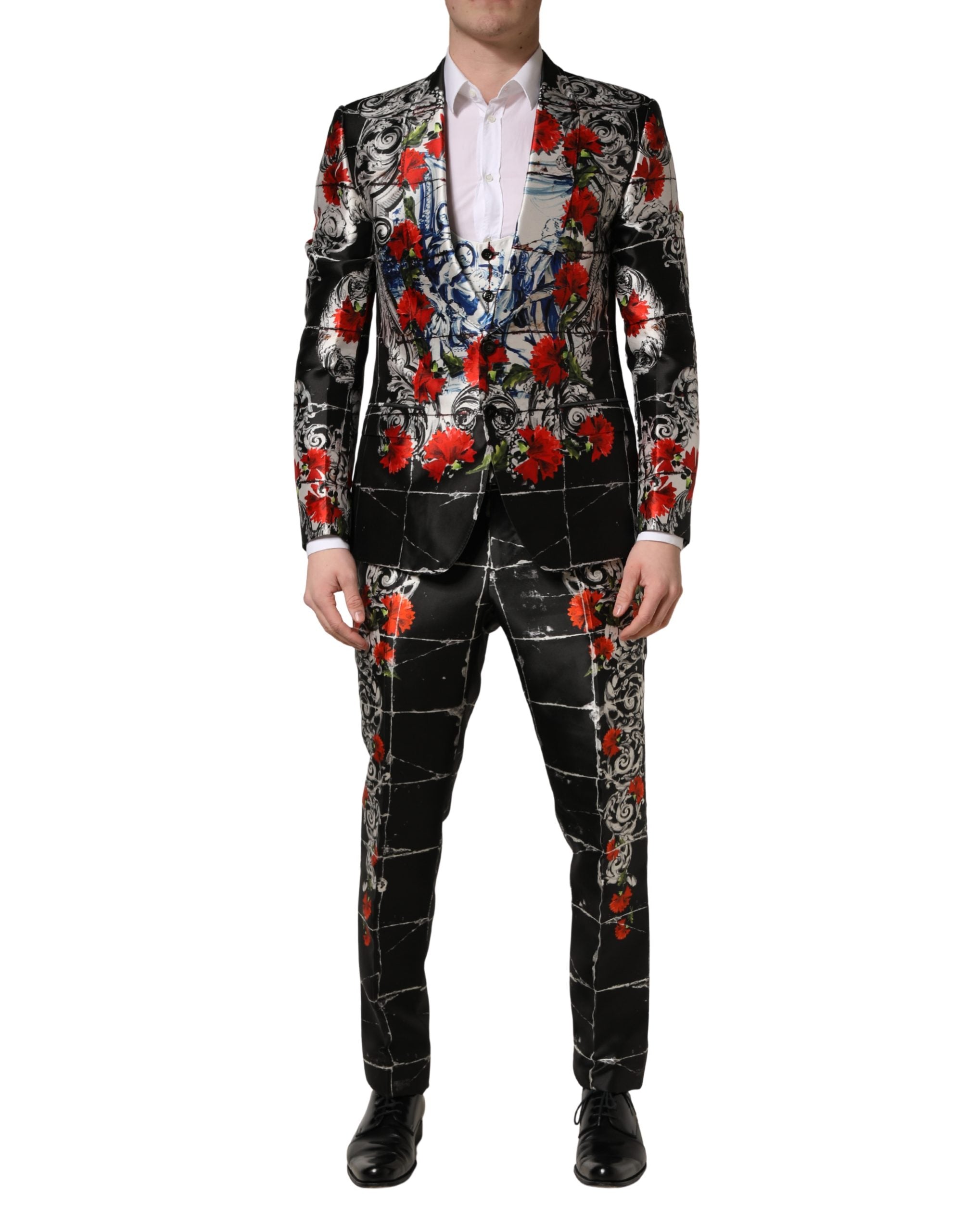 Dolce & Gabbana Schwarzer 3-teiliger Anzug mit 2 Knöpfen und Blumenmuster