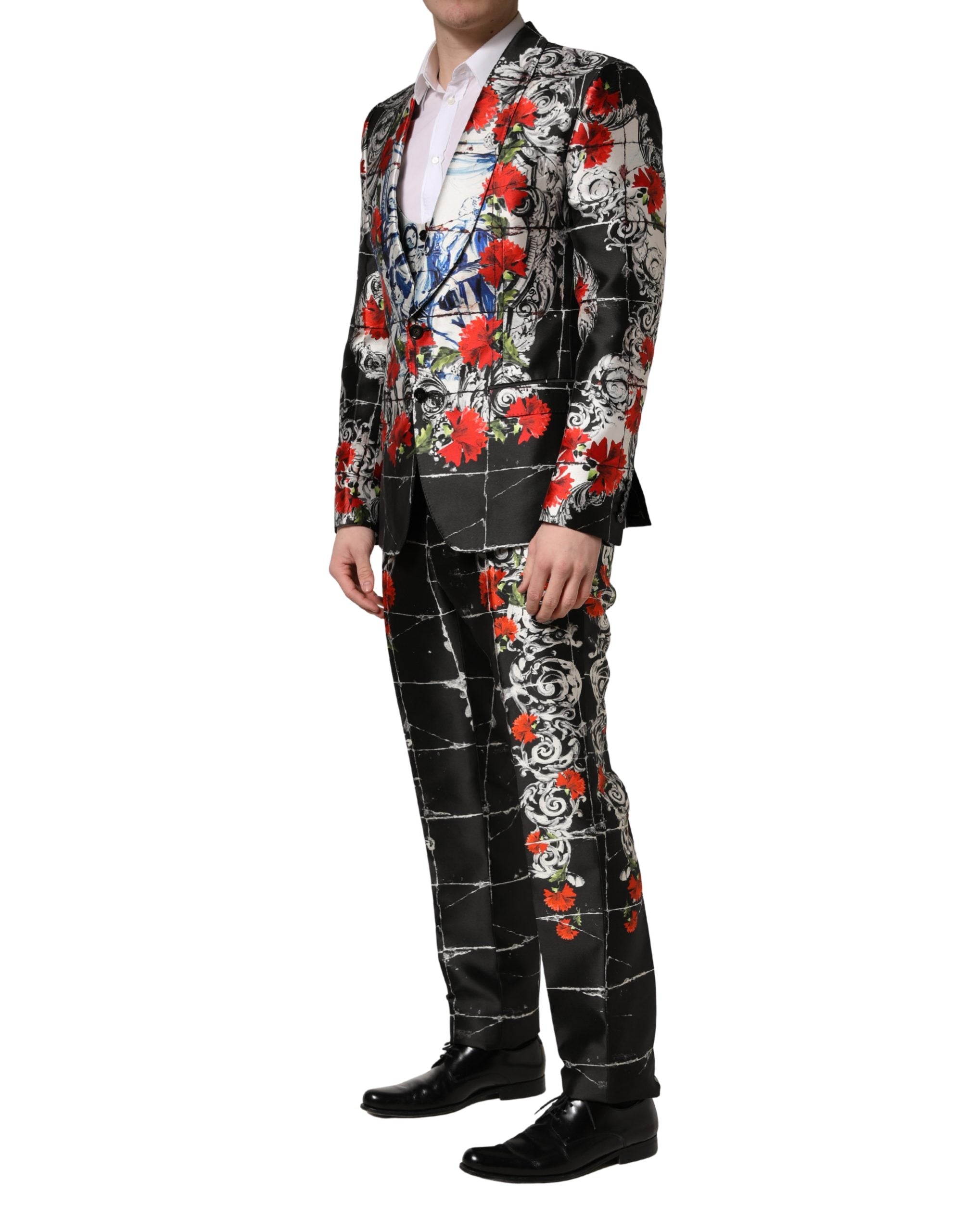 Dolce & Gabbana Schwarzer 3-teiliger Anzug mit 2 Knöpfen und Blumenmuster