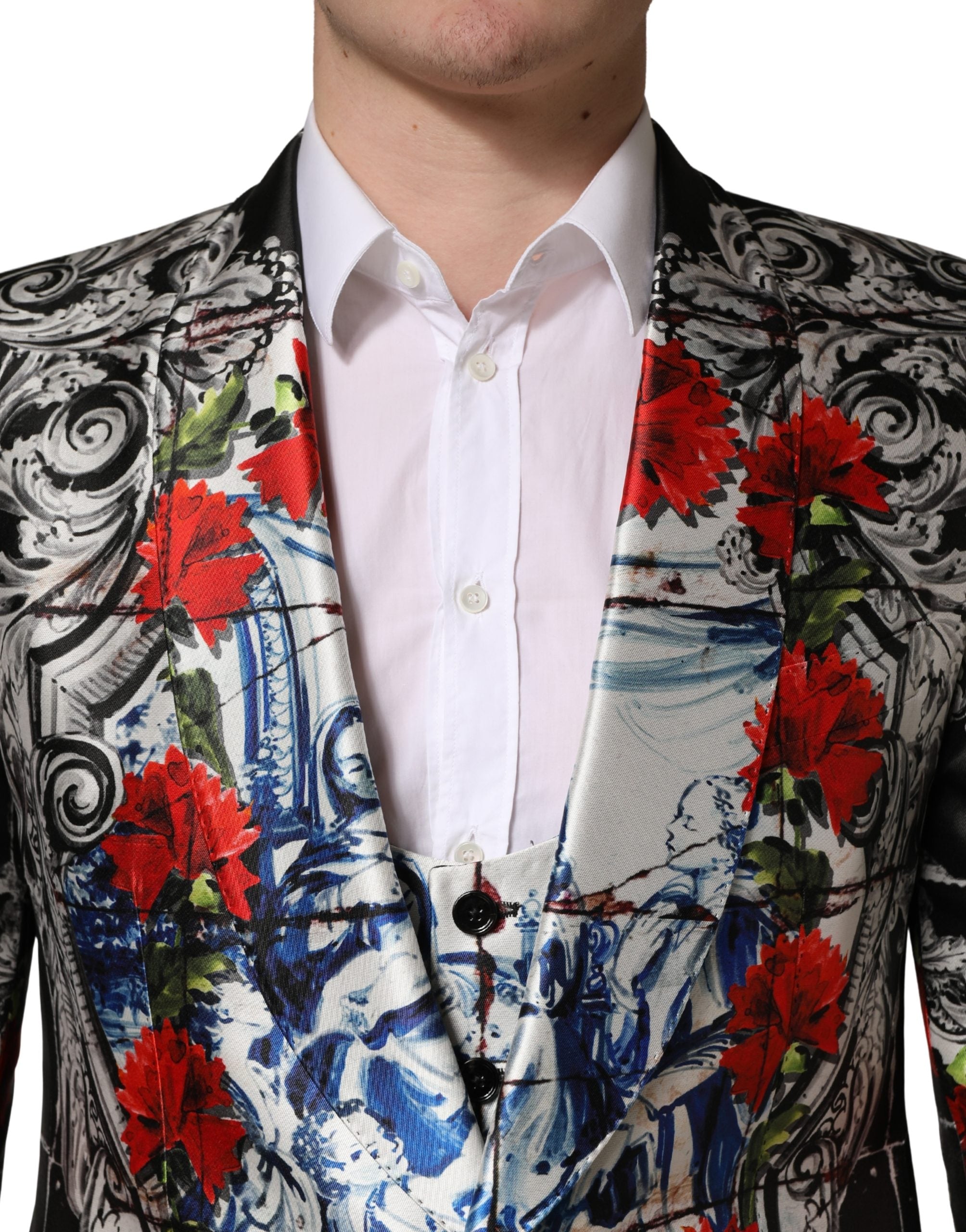 Dolce & Gabbana Schwarzer 3-teiliger Anzug mit 2 Knöpfen und Blumenmuster