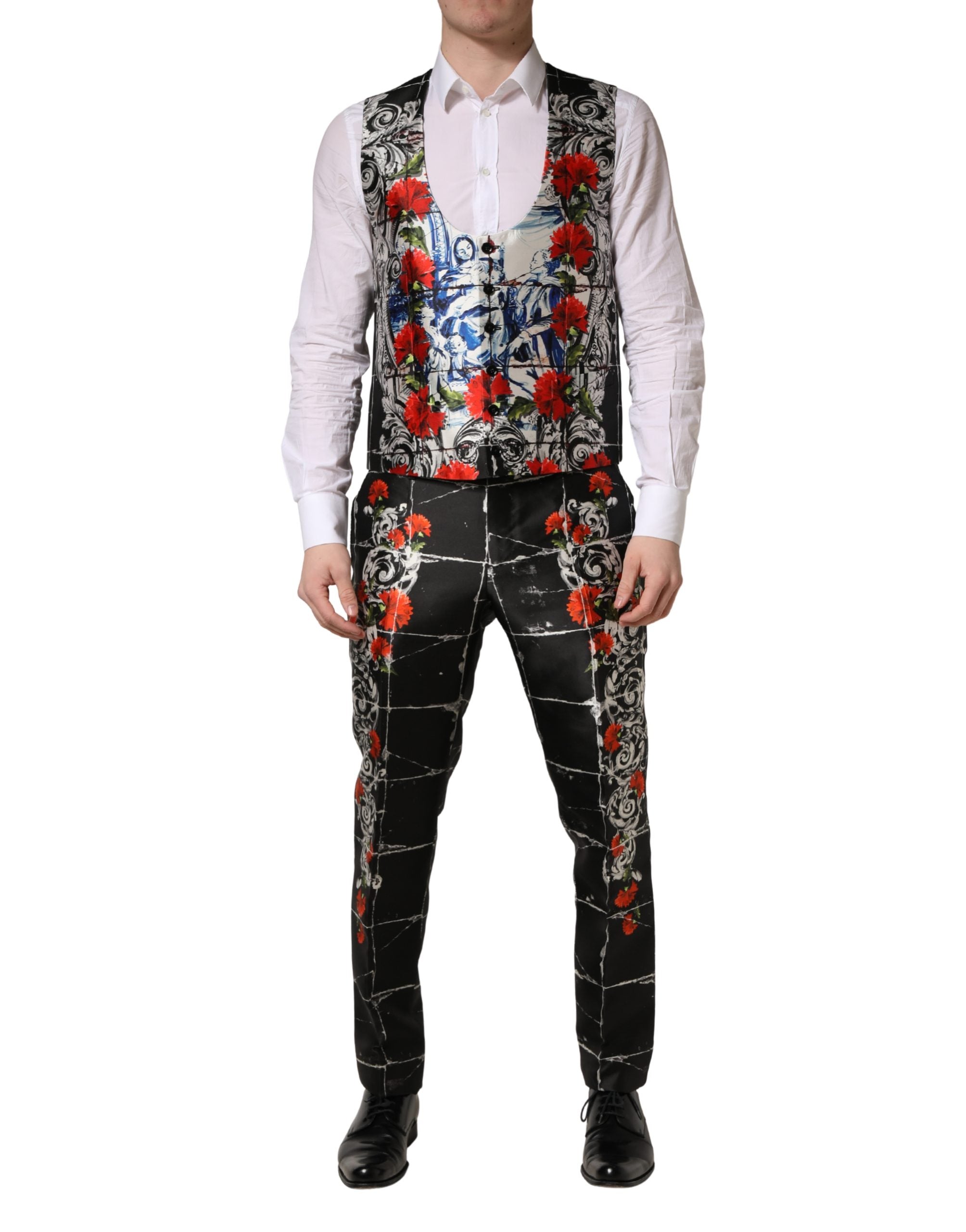 Dolce & Gabbana Schwarzer 3-teiliger Anzug mit 2 Knöpfen und Blumenmuster