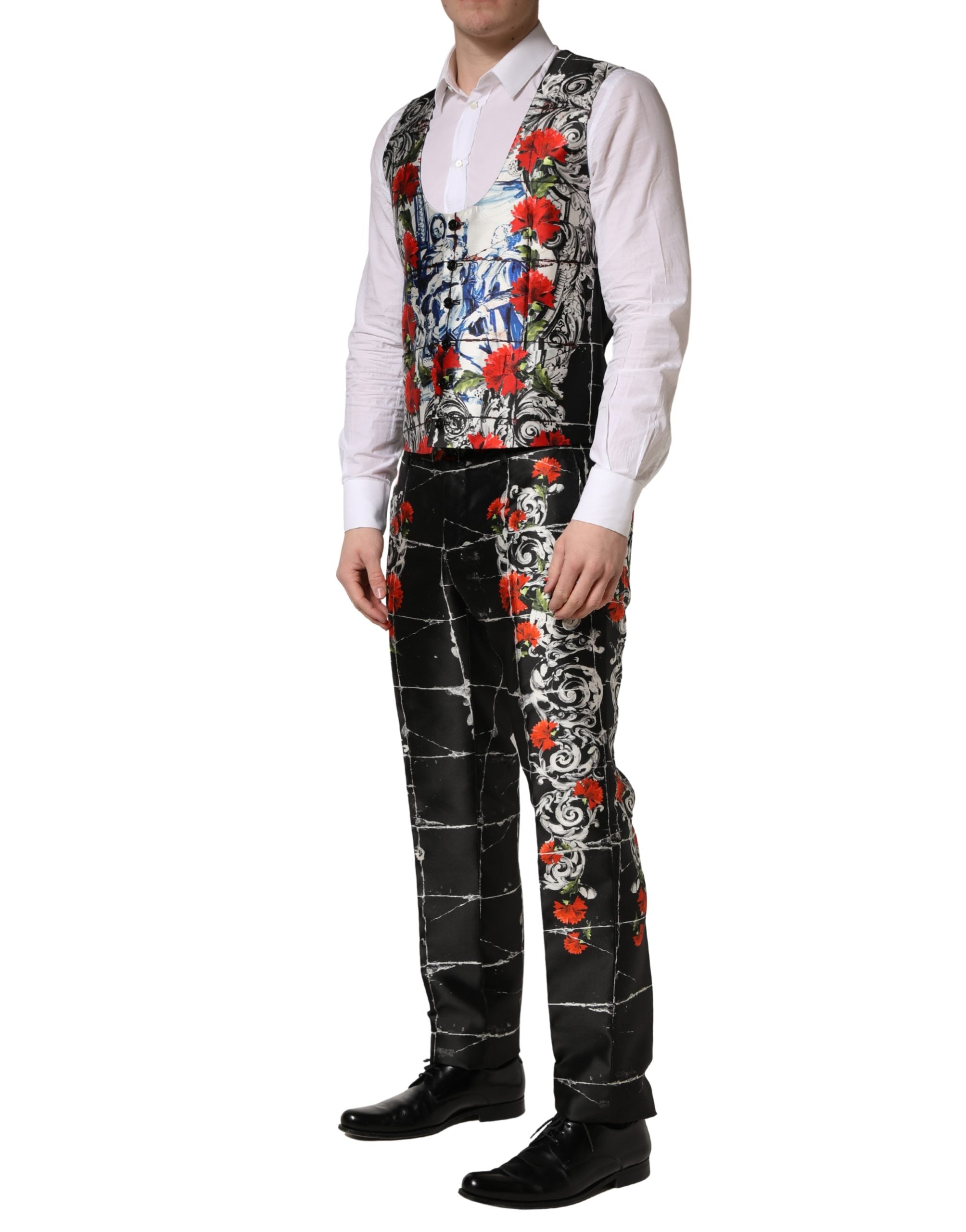 Dolce & Gabbana Schwarzer 3-teiliger Anzug mit 2 Knöpfen und Blumenmuster