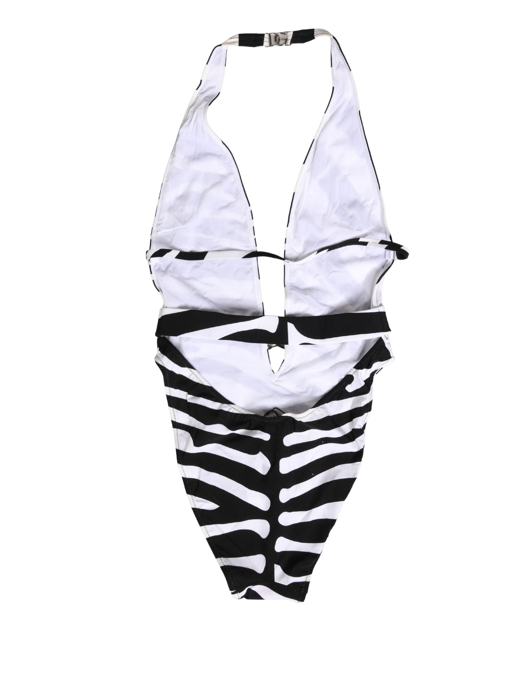 Dolce & Gabbana Schwarz-weißer Zebra-Badeanzug mit tiefem V-Ausschnitt