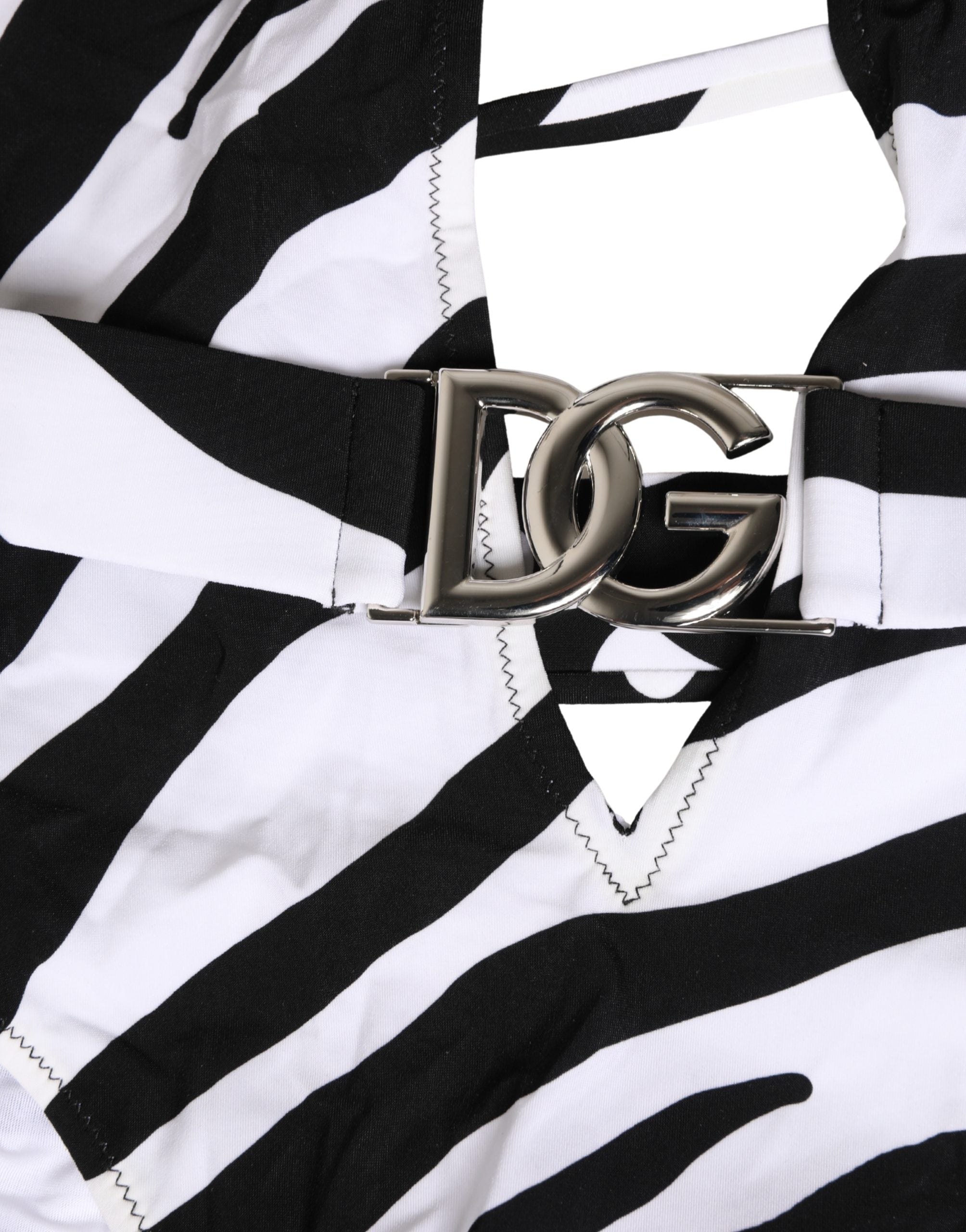 Dolce & Gabbana Schwarz-weißer Zebra-Badeanzug mit tiefem V-Ausschnitt