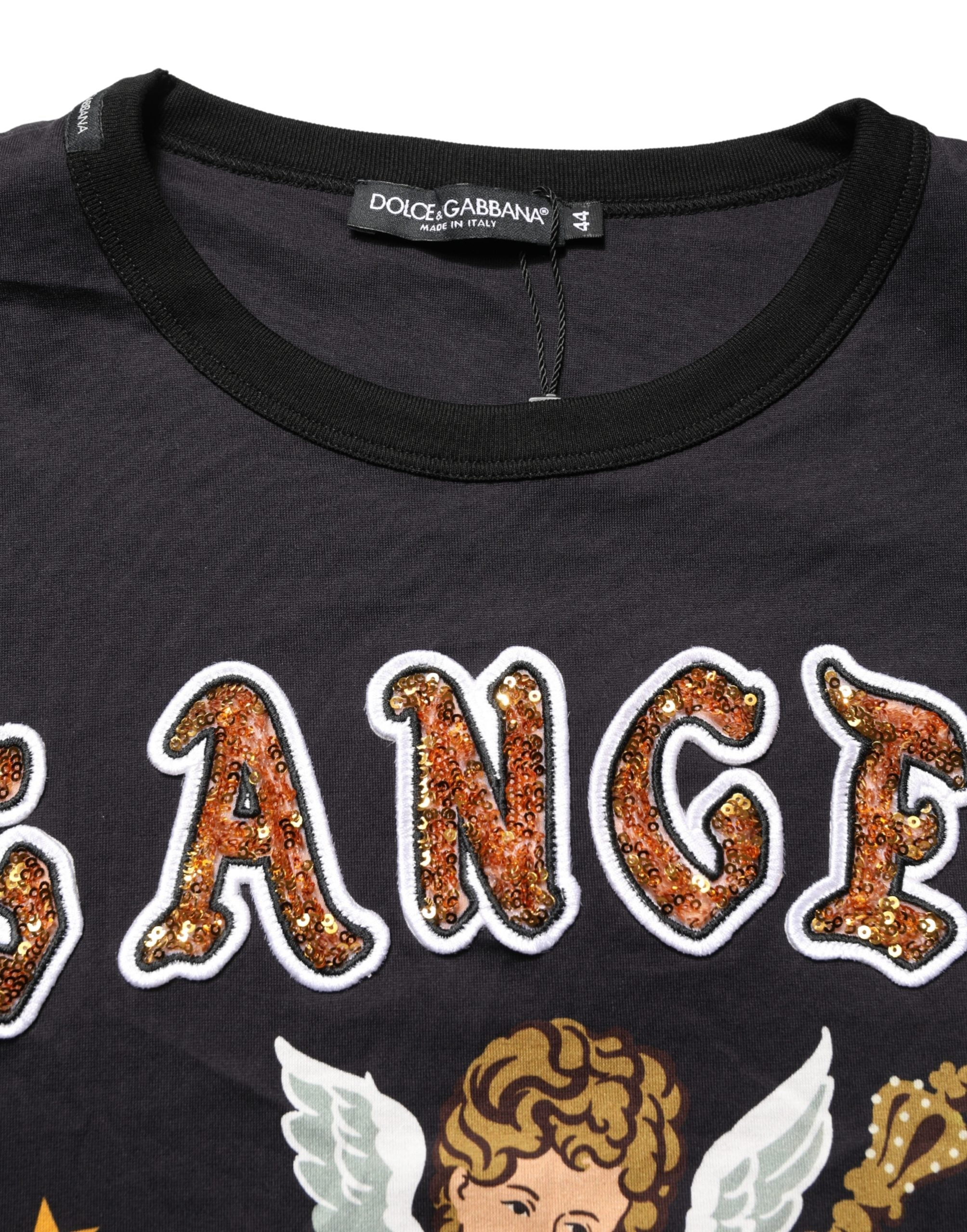 Dolce & Gabbana Schwarzes Baumwoll-T-Shirt mit Rundhalsausschnitt und Engelsprint