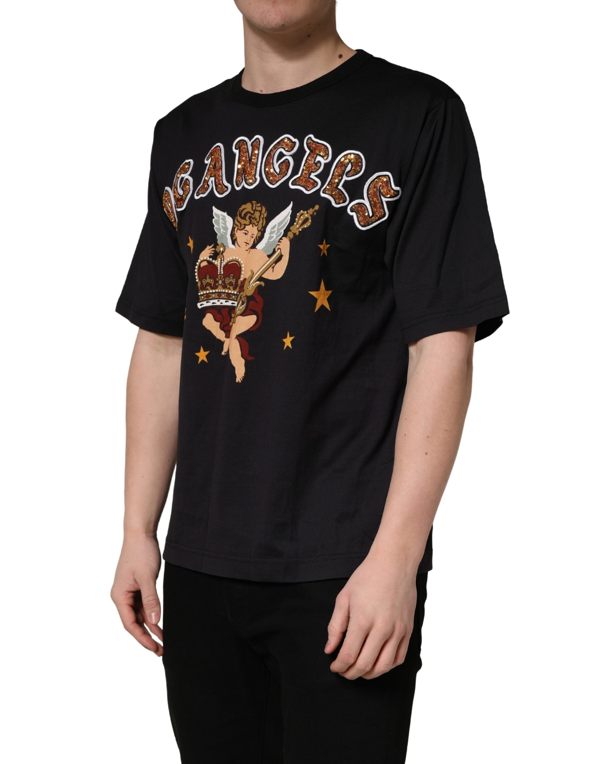 Dolce & Gabbana Schwarzes Baumwoll-T-Shirt mit Rundhalsausschnitt und Engelsprint