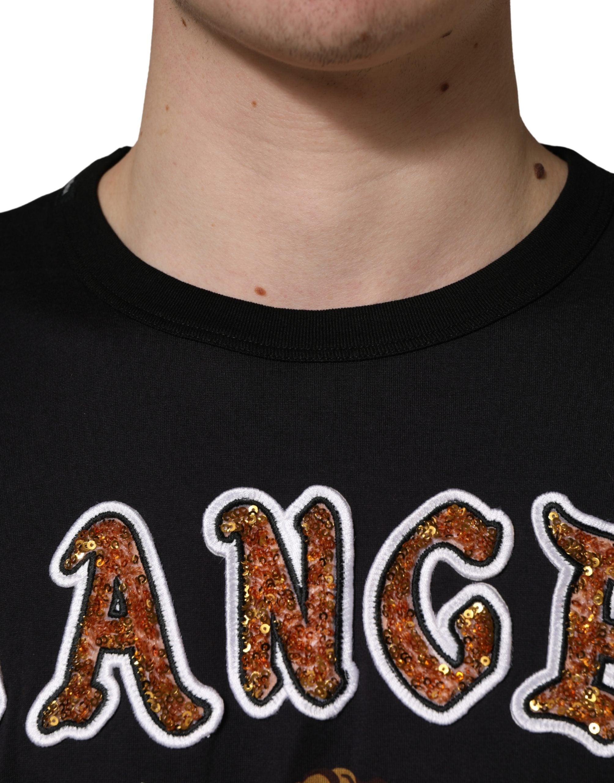 Dolce & Gabbana Schwarzes Baumwoll-T-Shirt mit Rundhalsausschnitt und Engelsprint