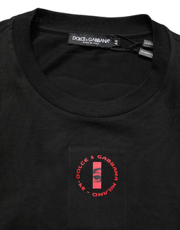 Dolce & Gabbana Schwarzes Baumwoll-Jersey-T-Shirt mit Logo-Patch und Rundhalsausschnitt