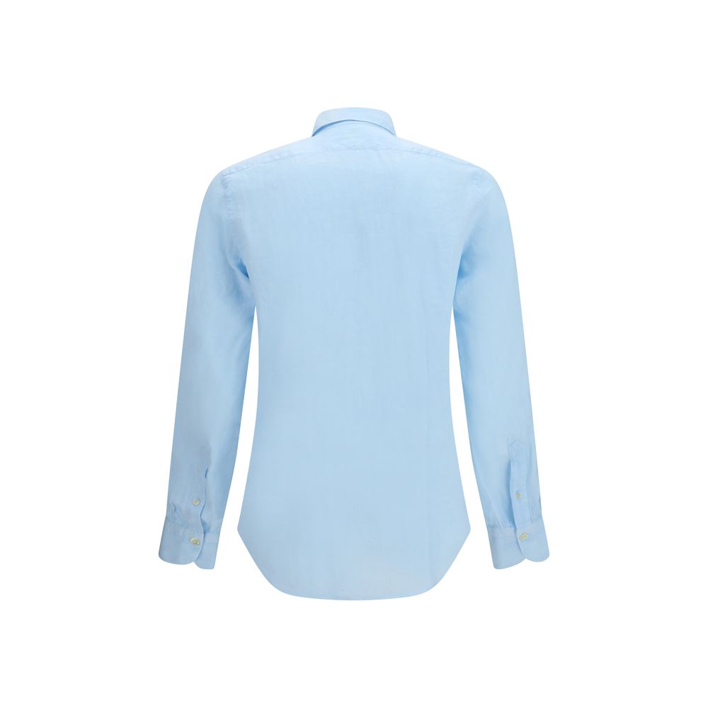Finamore Blaues Langarmhemd aus Leinen