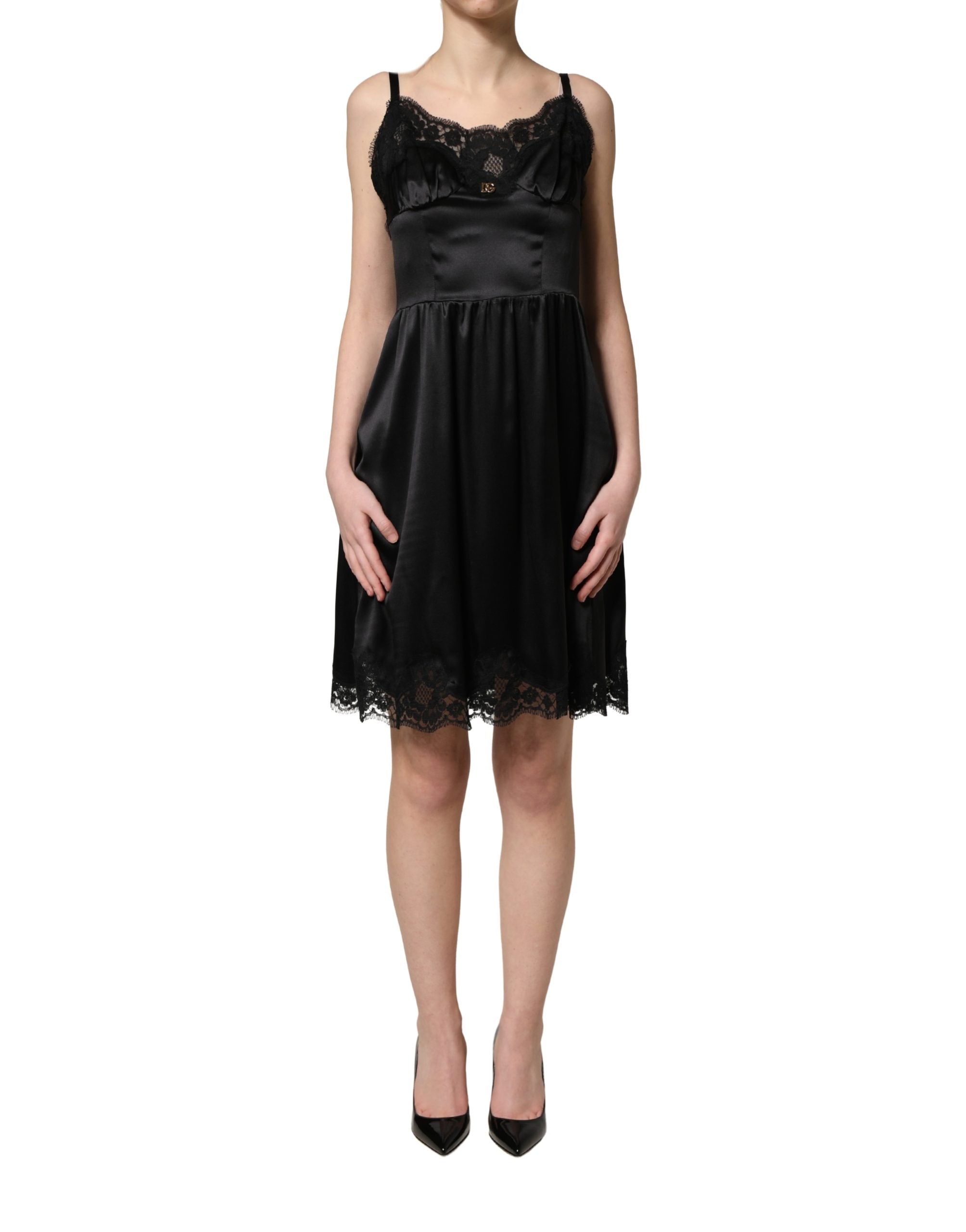 Dolce & Gabbana Schwarzes ärmelloses Minikleid aus Seidensatin mit Spitze