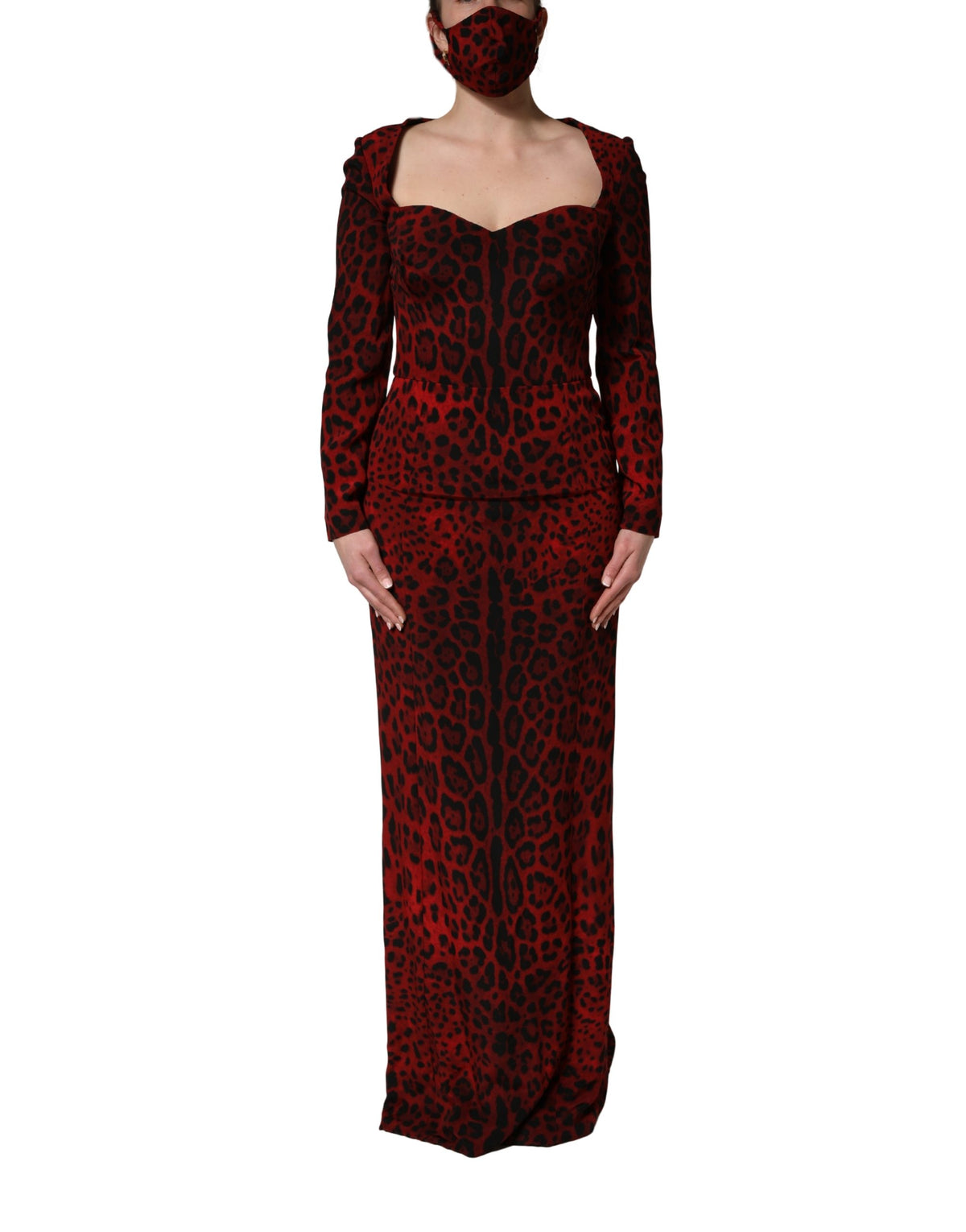 Dolce & Gabbana Rotes Etuikleid mit Leopardenmuster und langen Ärmeln