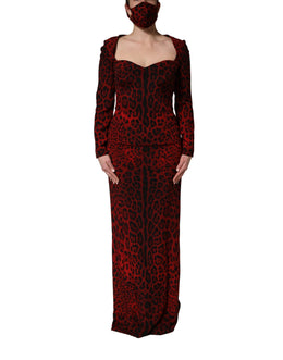 Dolce & Gabbana Rotes Etuikleid mit Leopardenmuster und langen Ärmeln