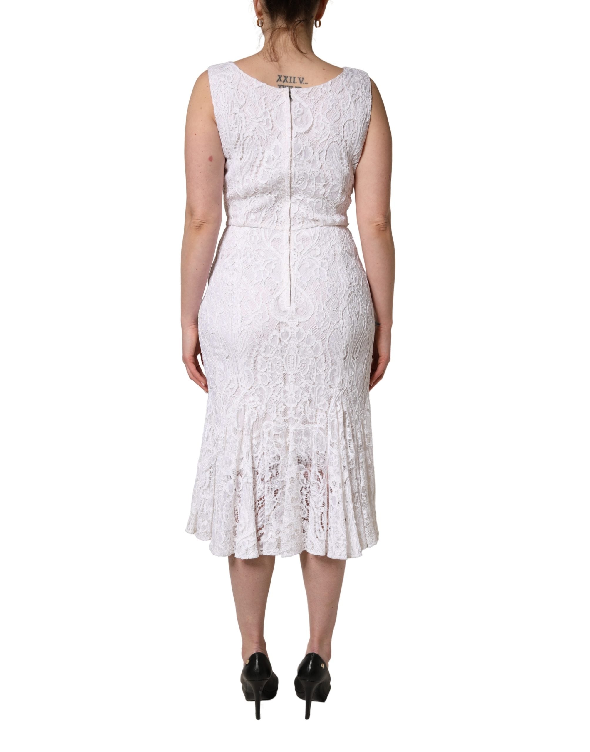 Dolce & Gabbana Weißes ärmelloses Midikleid aus Spitze mit Blumenmuster