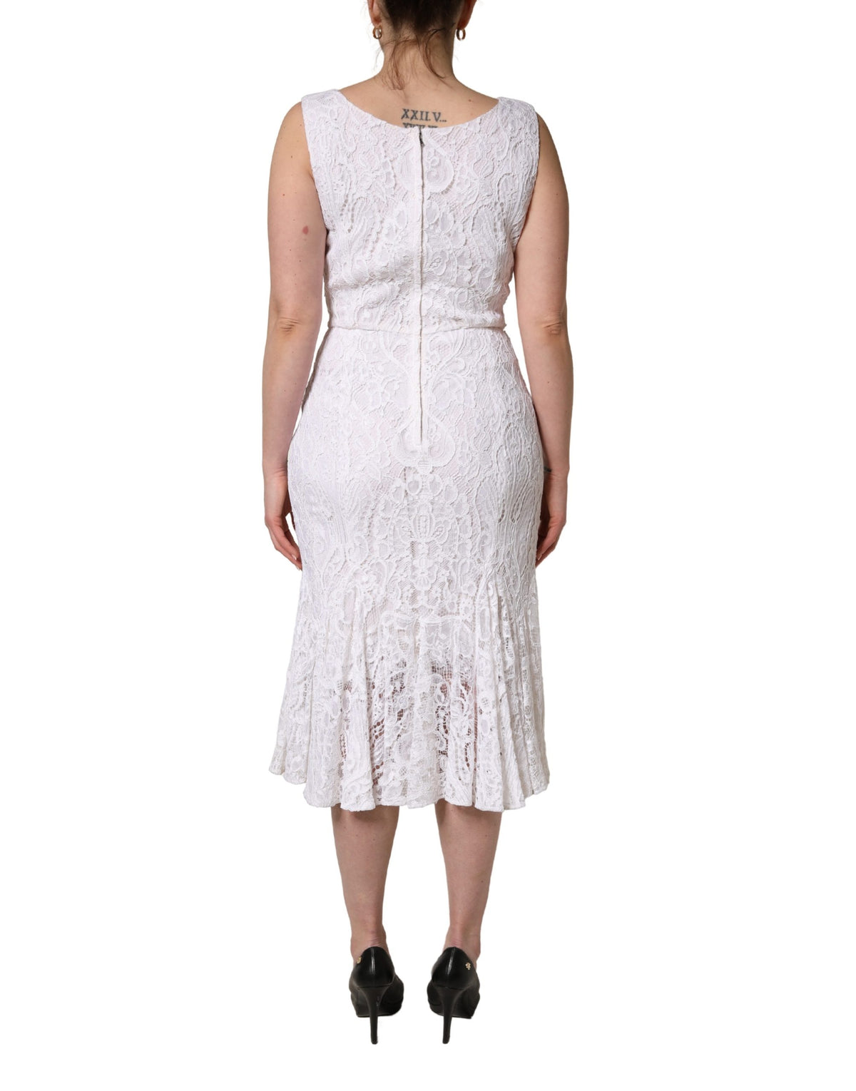 Dolce & Gabbana Weißes ärmelloses Midikleid aus Spitze mit Blumenmuster