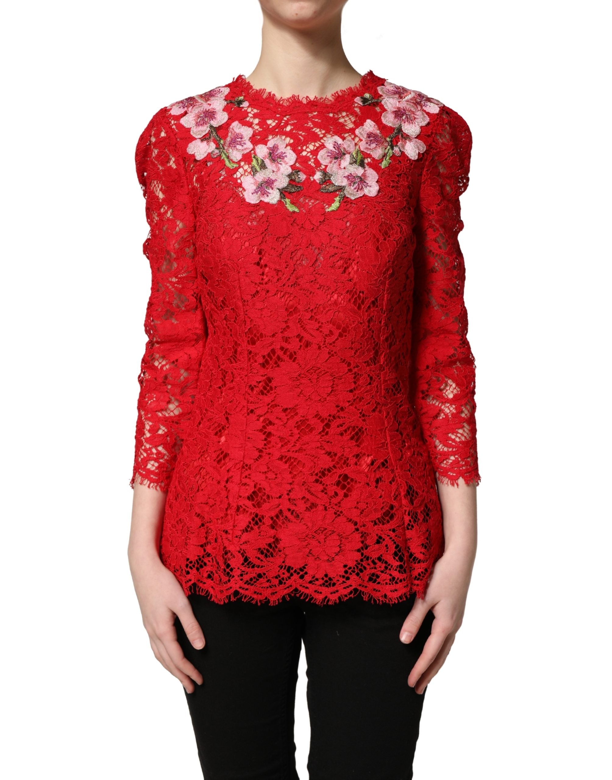 Dolce & Gabbana Rotes Spitzen-Oberteil mit Blumenstickerei und langen Ärmeln