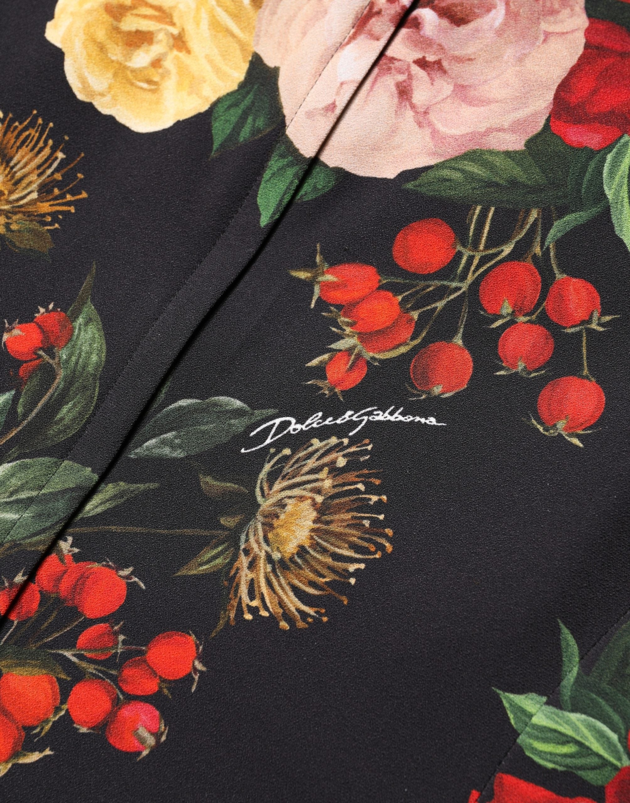 Dolce & Gabbana Schwarze Bluse aus Krepp mit Blumenprint und Rüschenbesatz