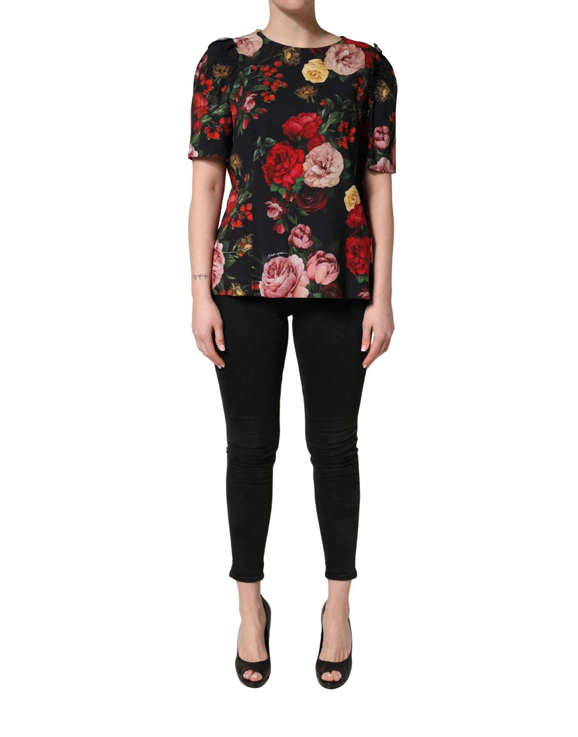 Dolce & Gabbana Schwarze Bluse aus Krepp mit Blumenprint und Rüschenbesatz