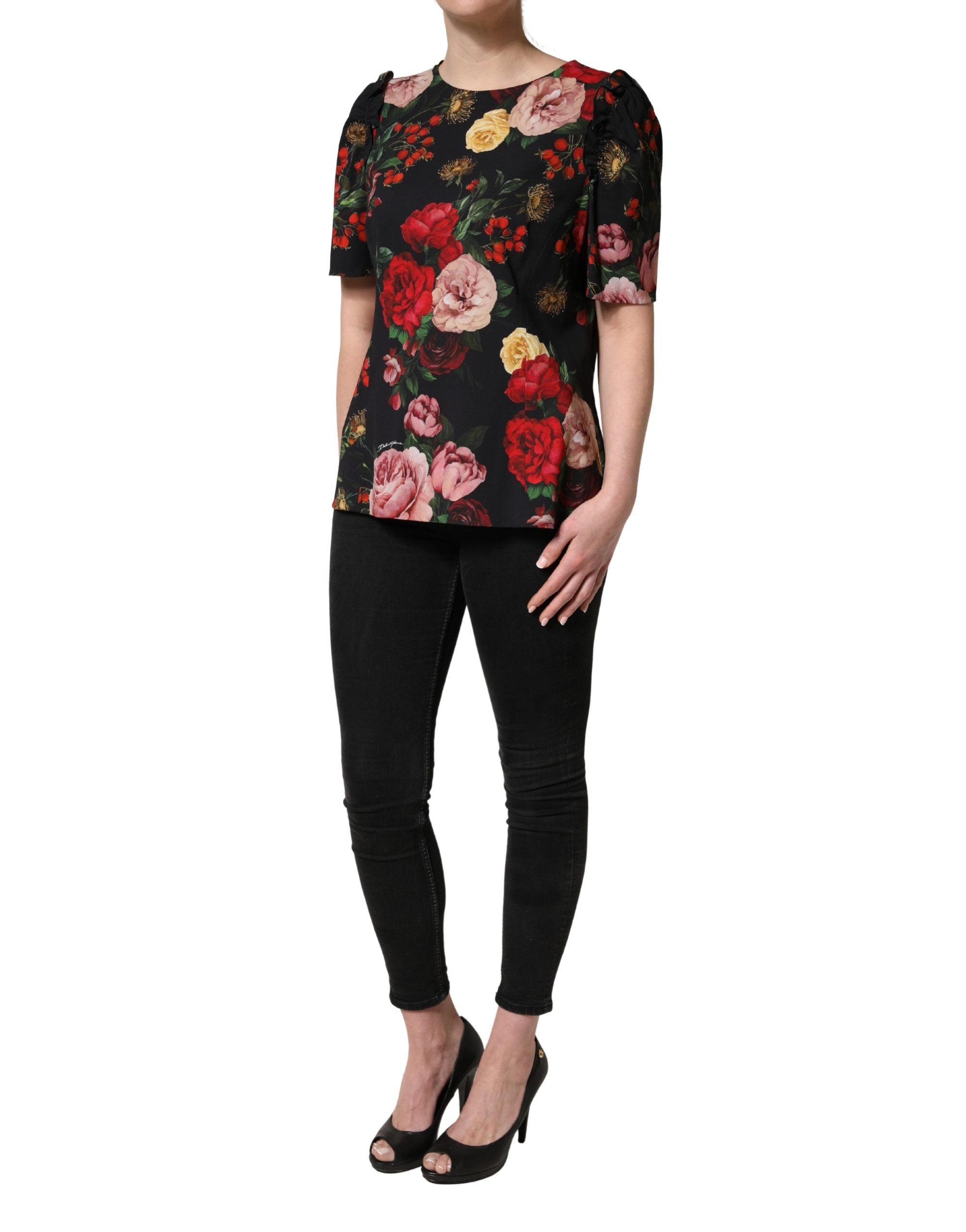 Dolce & Gabbana Schwarze Bluse aus Krepp mit Blumenprint und Rüschenbesatz