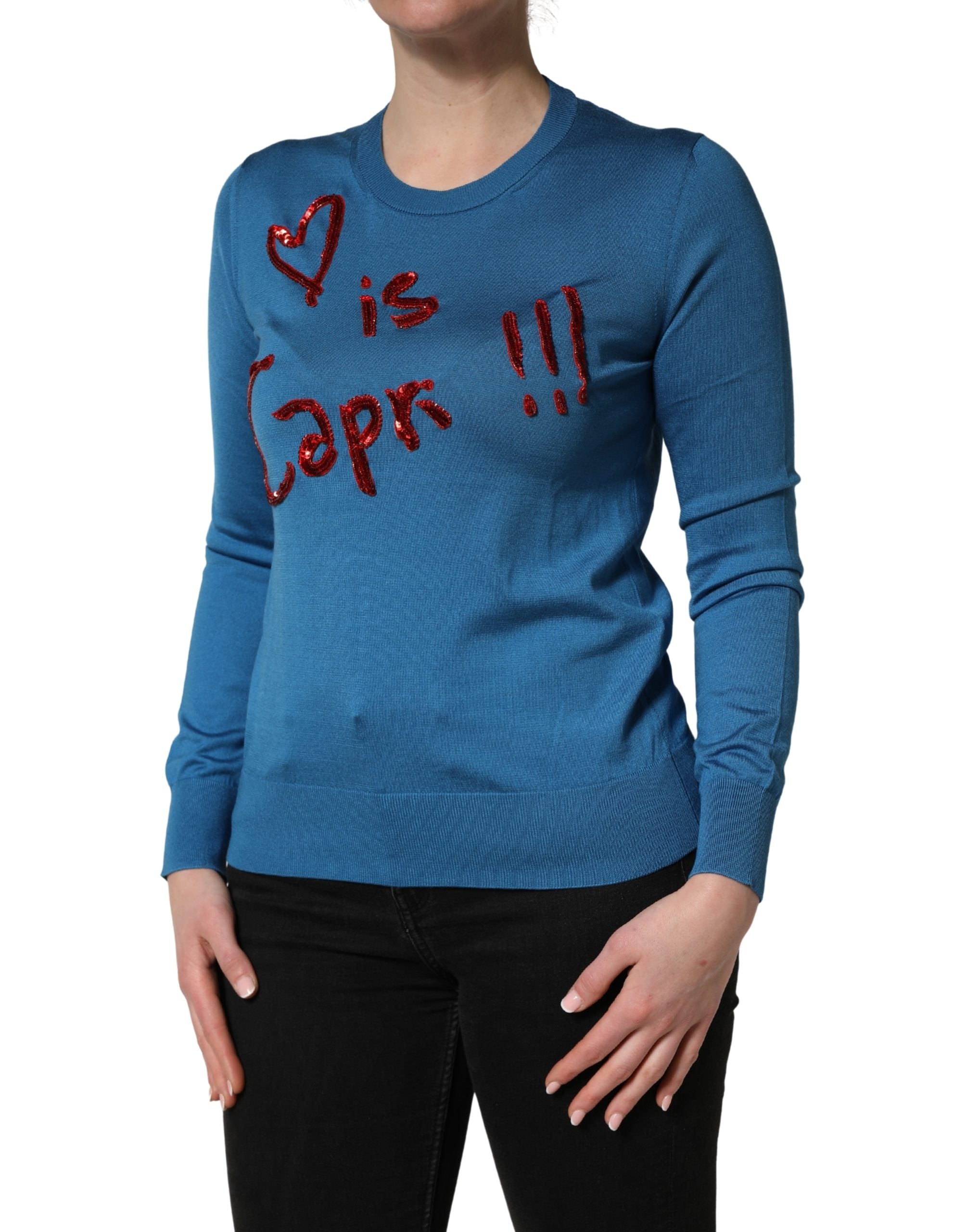 Dolce & Gabbana Blauer Pullover aus Seide mit Pailletten und Rundhalsausschnitt