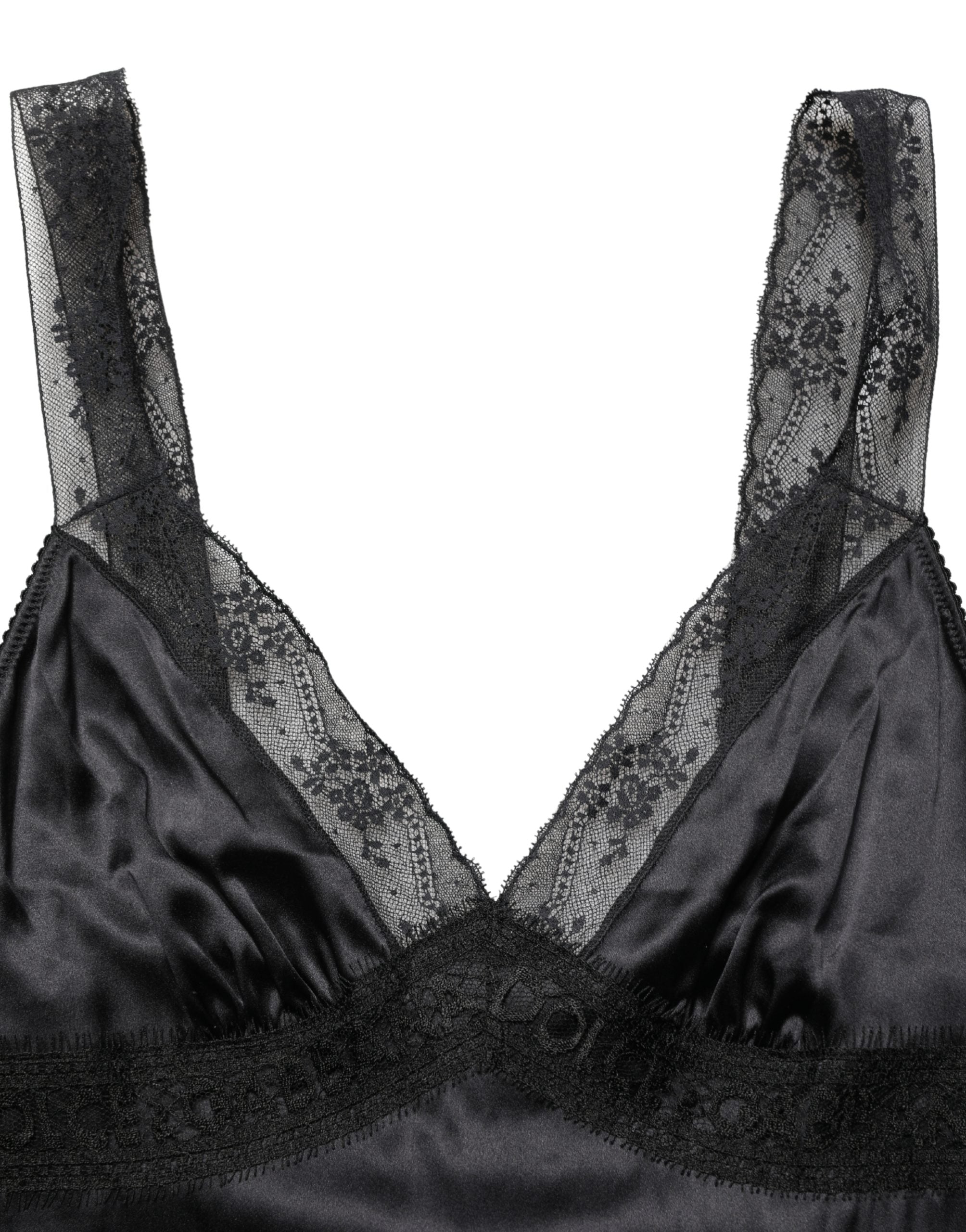 Dolce & Gabbana Schwarzes Seiden-Camisole mit Spitzenbesatz und V-Ausschnitt