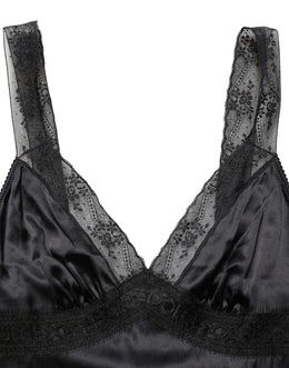 Dolce & Gabbana Schwarzes Seiden-Camisole mit Spitzenbesatz und V-Ausschnitt
