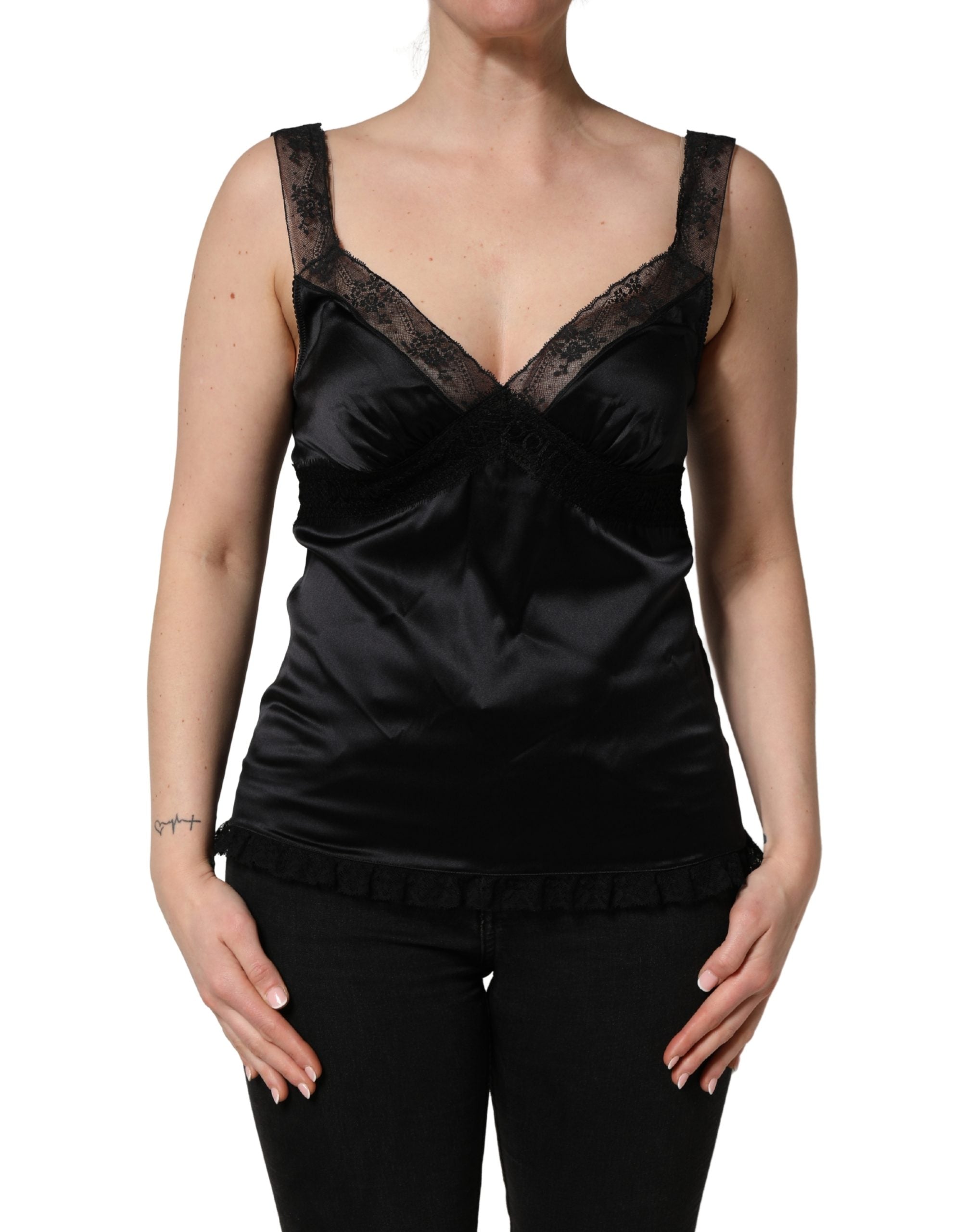 Dolce & Gabbana Schwarzes Seiden-Camisole mit Spitzenbesatz und V-Ausschnitt