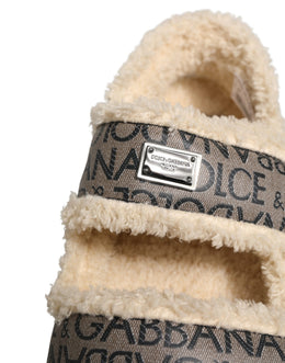 Dolce & Gabbana Beige Faux Fur Logo Print Flats Sandalen Schuhe