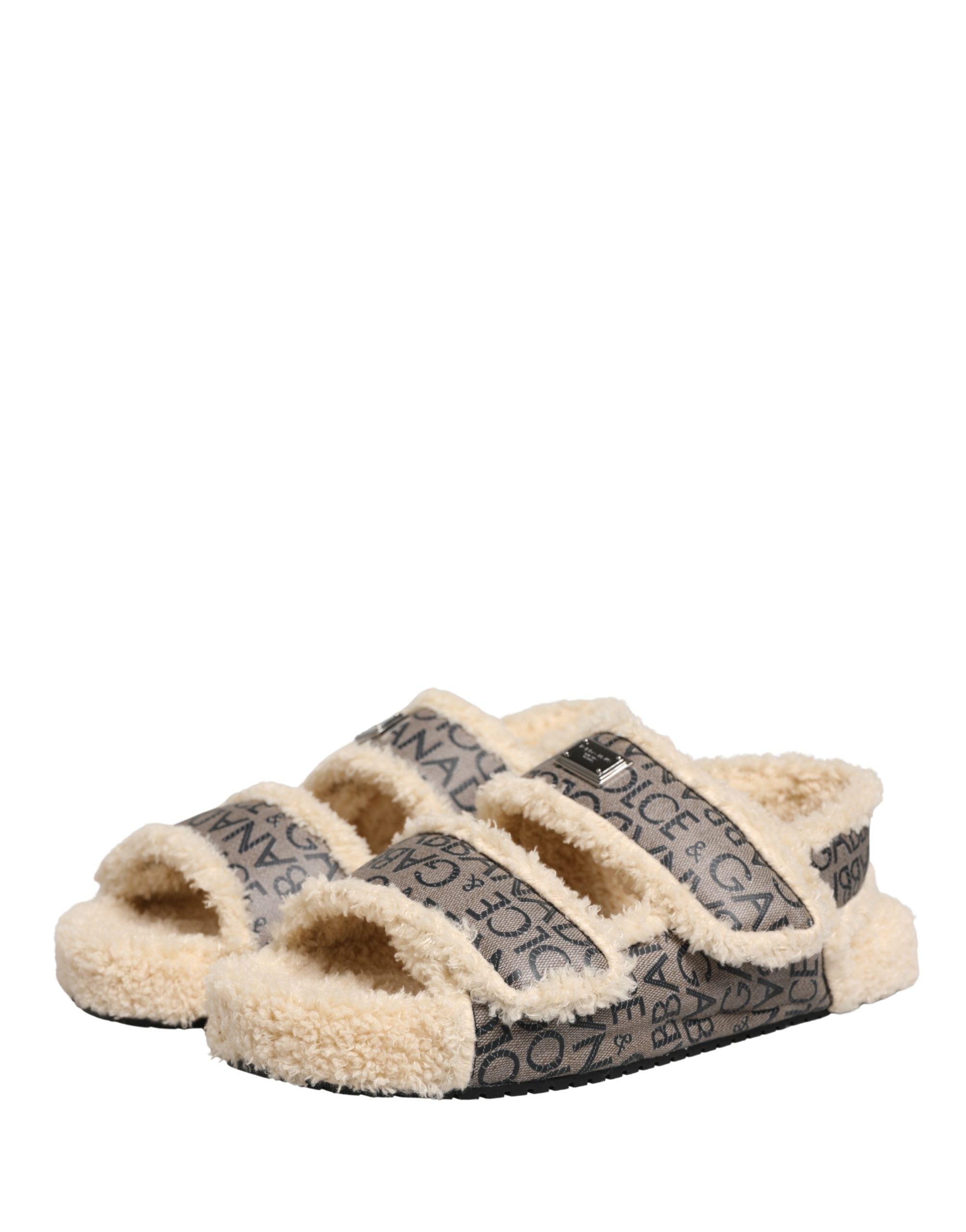 Dolce & Gabbana Beige Faux Fur Logo Print Flats Sandalen Schuhe