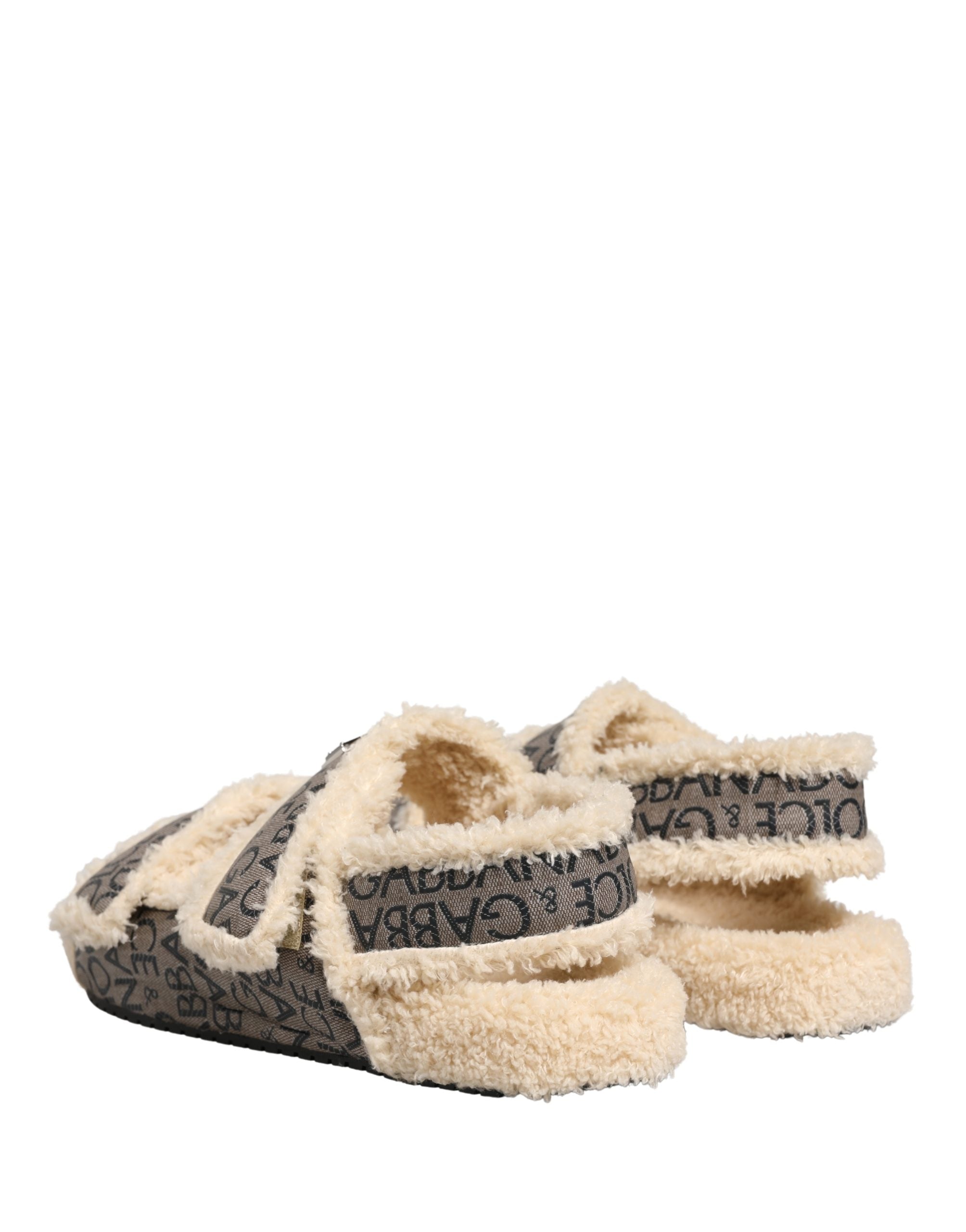 Dolce & Gabbana Beige Faux Fur Logo Print Flats Sandalen Schuhe