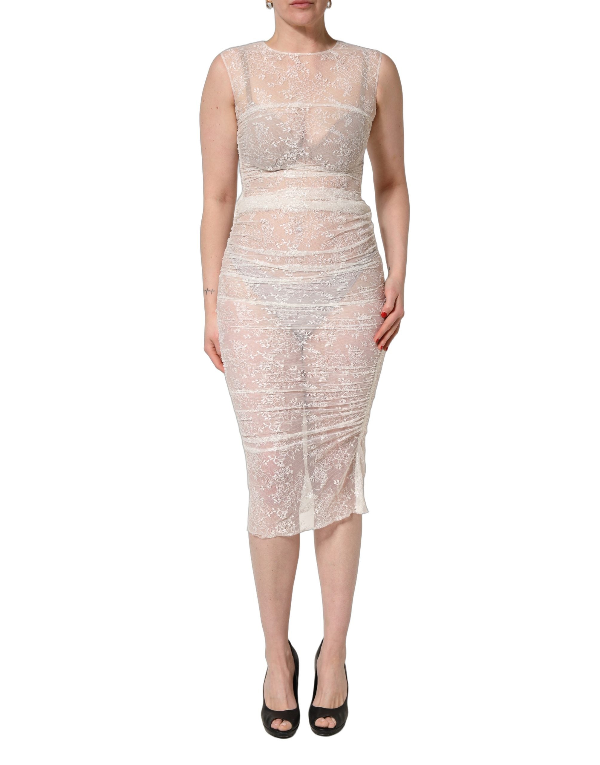 Dolce & Gabbana Elegantes Midi-Kleid aus weißer floraler Spitze, ärmellos