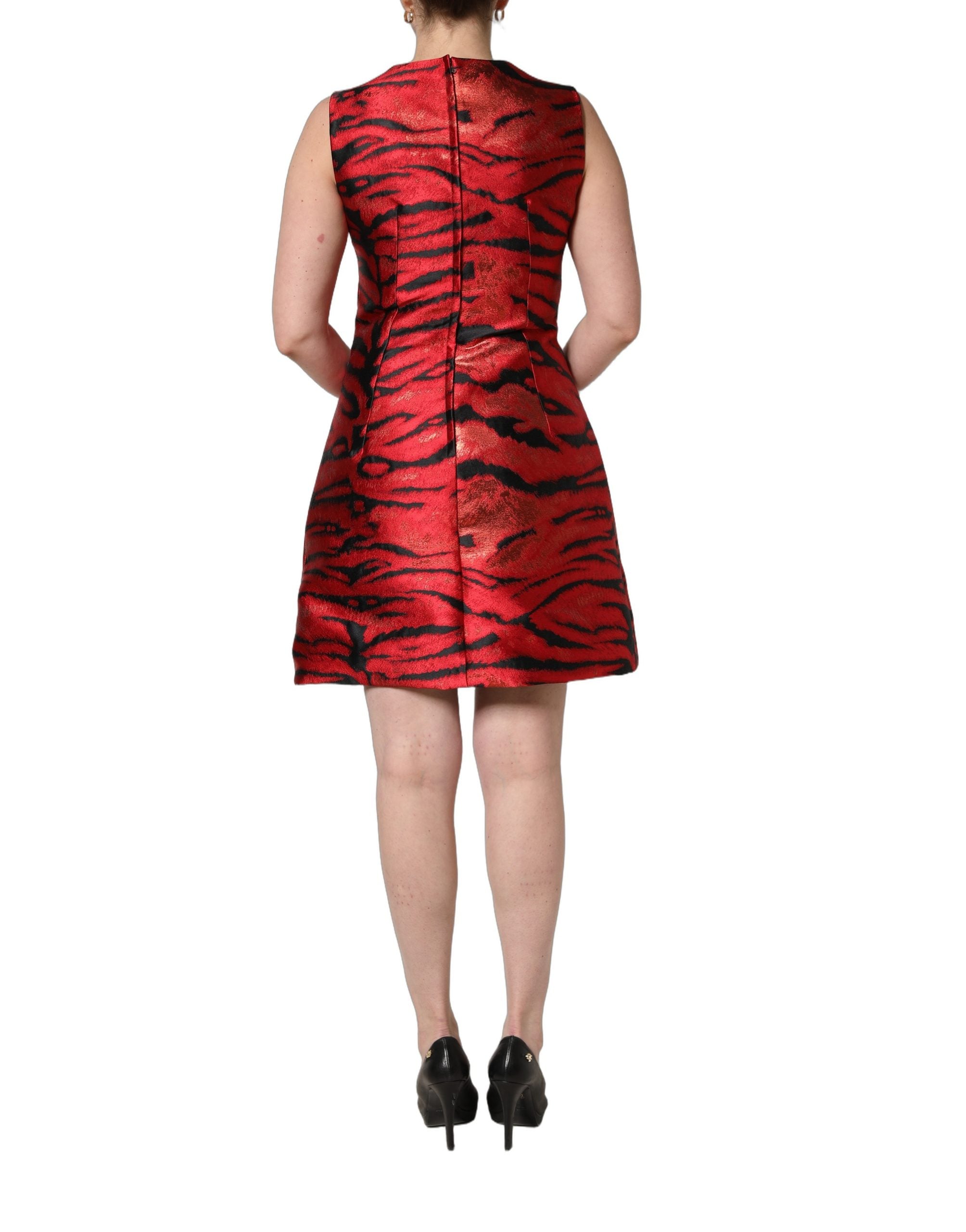 Dolce & Gabbana Rotes und schwarzes Jacquard-Kleid mit Tigerprint und ausgestelltem Rock