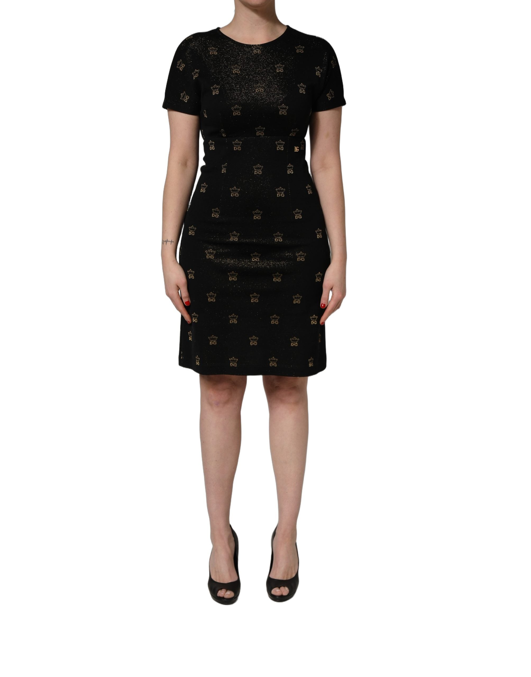 Dolce & Gabbana Schwarzes Etuikleid mit kurzen Ärmeln und DG-Krone