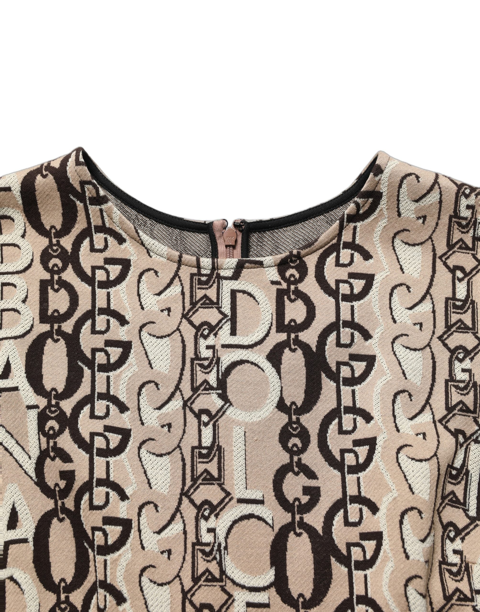Dolce & Gabbana Braunes Etuikleid mit DG-Logo-Kette und kurzen Ärmeln