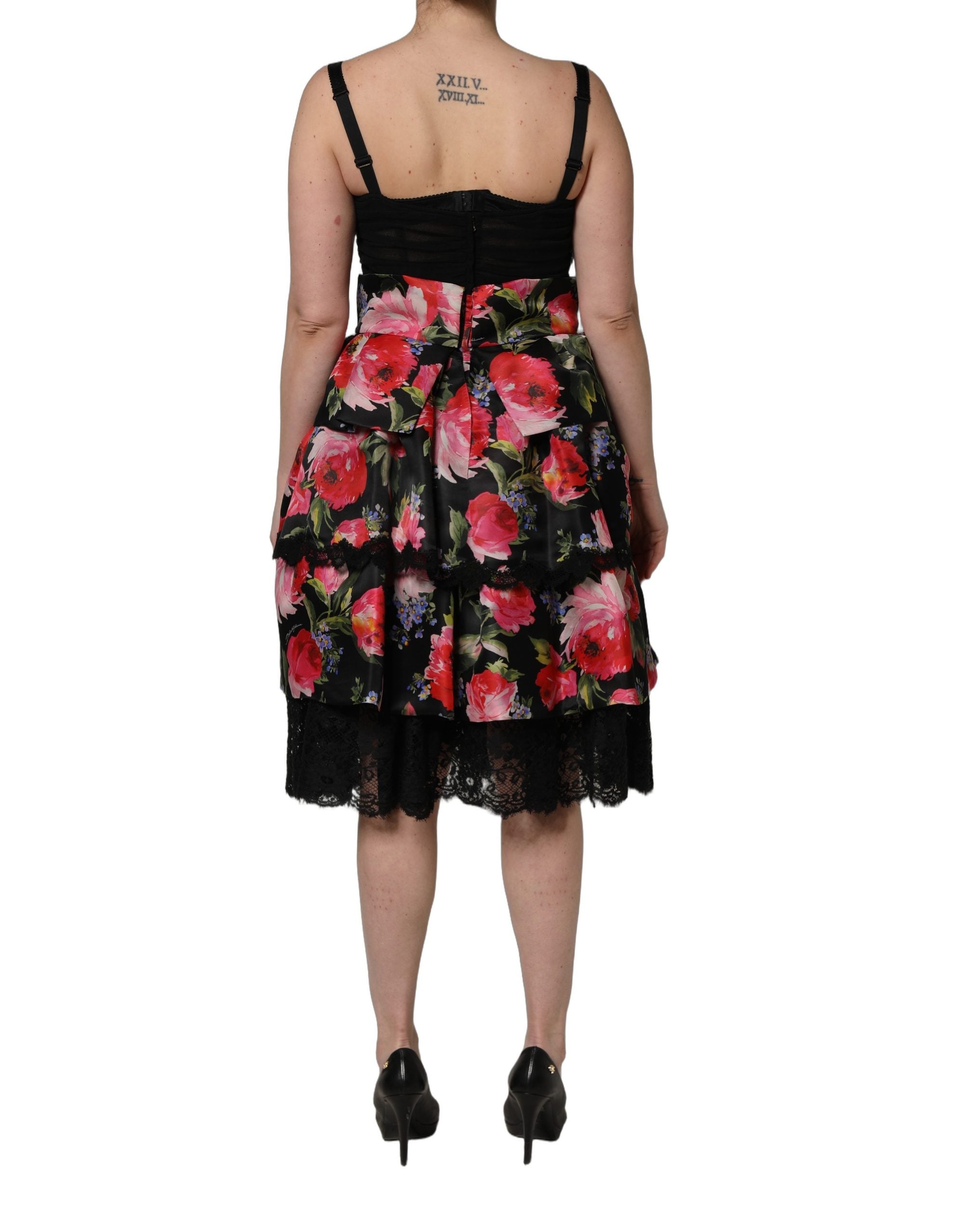 Dolce & Gabbana Schwarzes Bustier-Kleid ohne Ärmel mit Blumenprint und Stufenrock