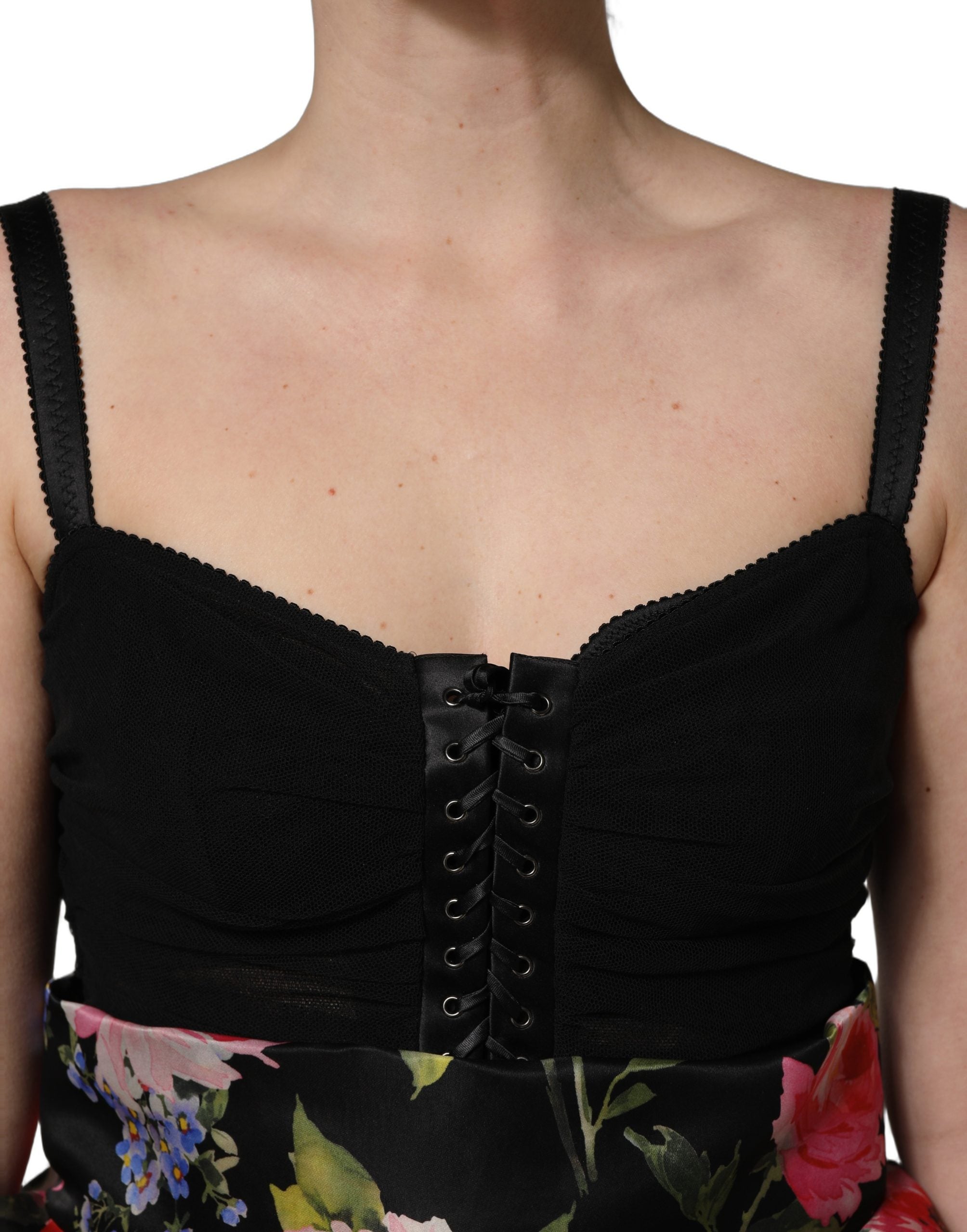 Dolce & Gabbana Schwarzes Bustier-Kleid ohne Ärmel mit Blumenprint und Stufenrock