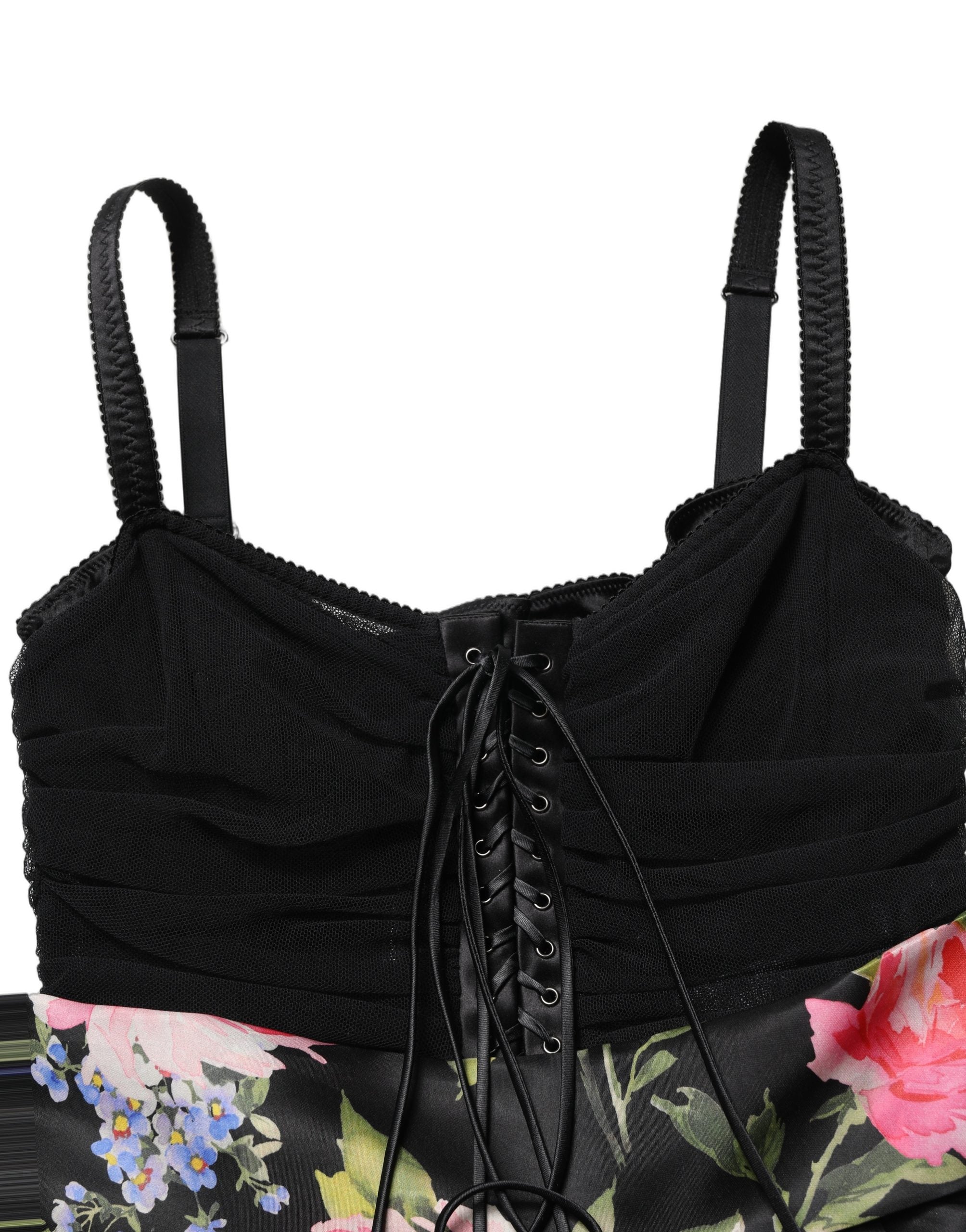 Dolce & Gabbana Schwarzes Bustier-Kleid ohne Ärmel mit Blumenprint und Stufenrock