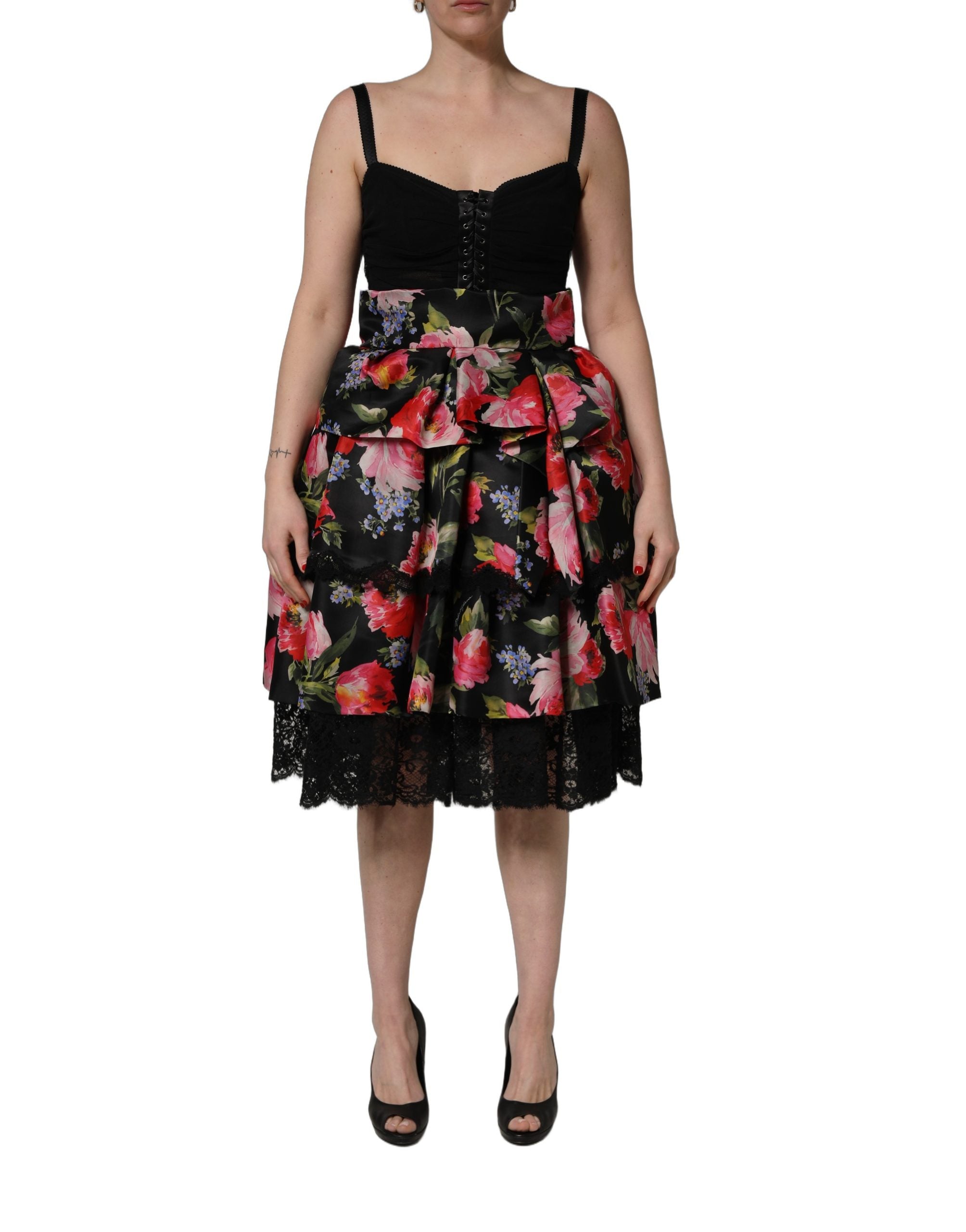 Dolce & Gabbana Schwarzes Bustier-Kleid ohne Ärmel mit Blumenprint und Stufenrock