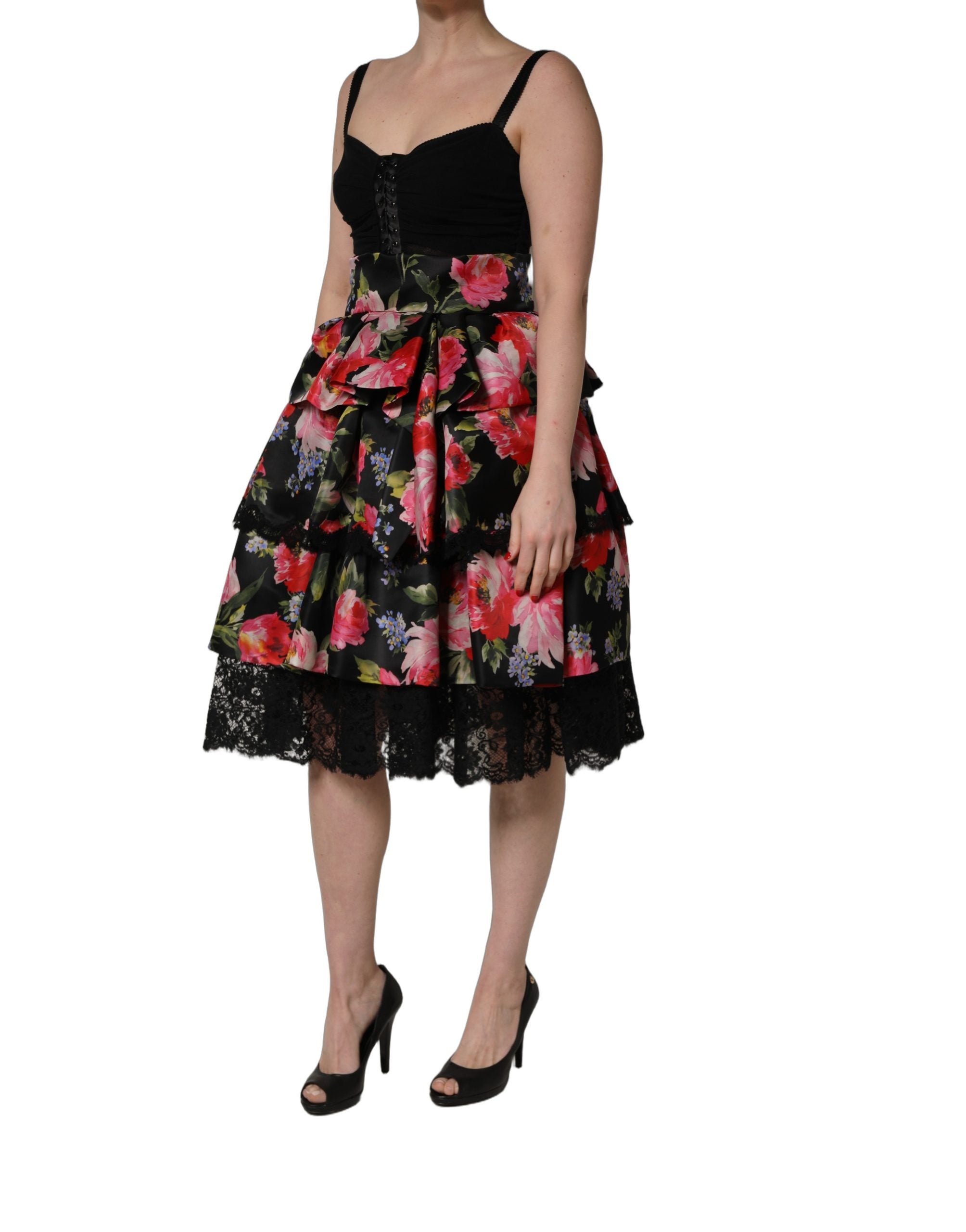 Dolce & Gabbana Schwarzes Bustier-Kleid ohne Ärmel mit Blumenprint und Stufenrock